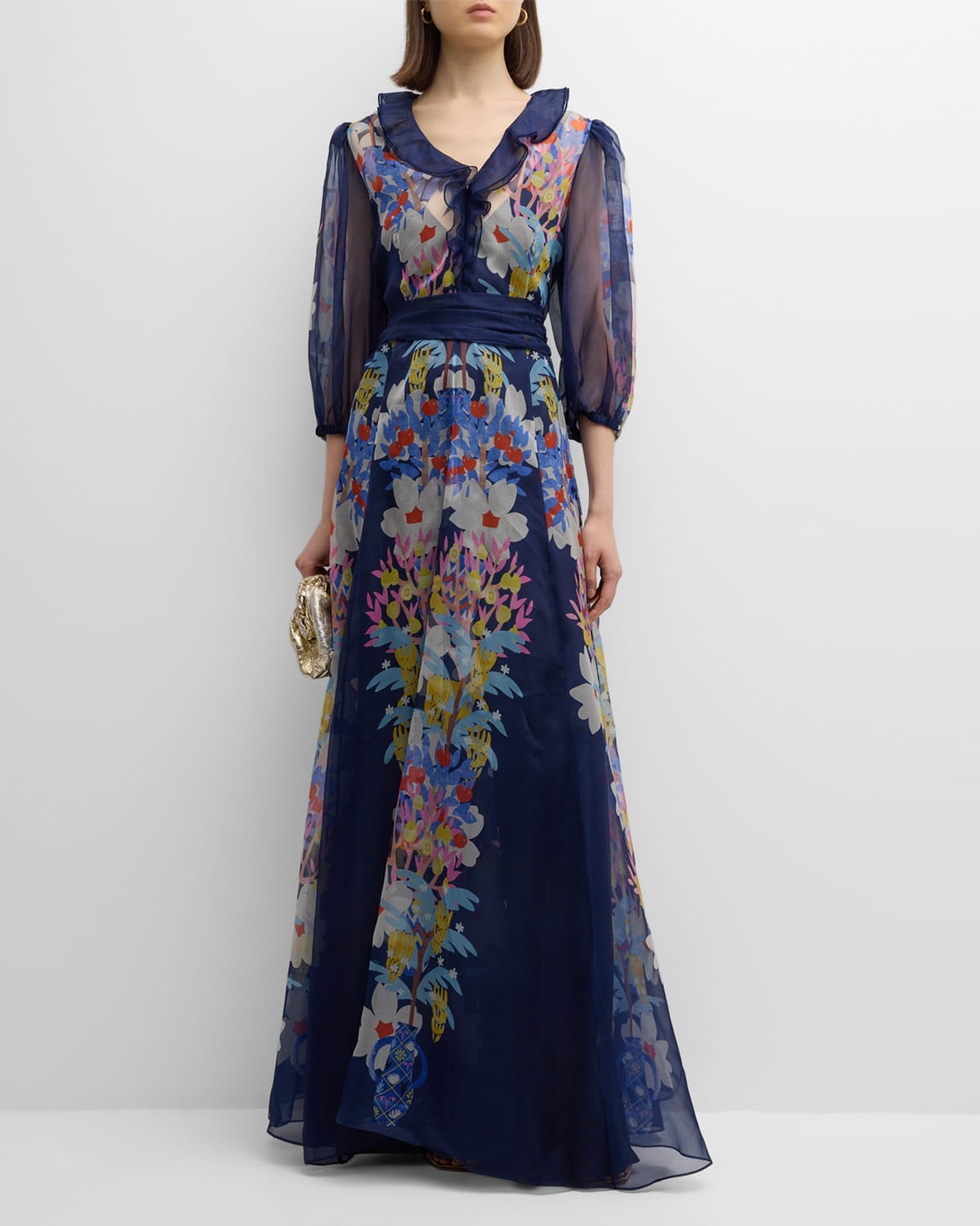 Floral-Print 3/4-Sleeve Ruffle Silk Organza Gown
