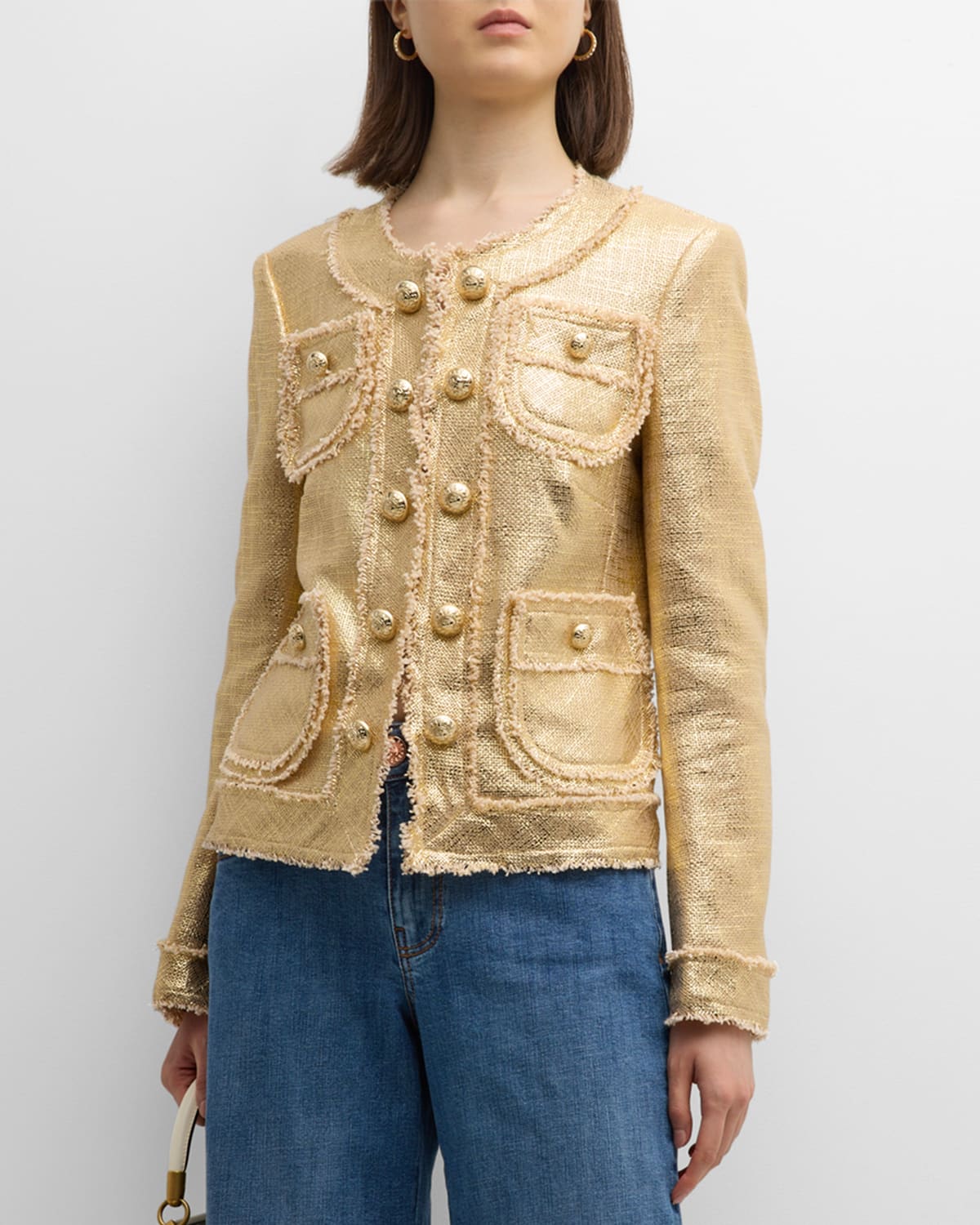 Maison Common Cotton-blend Lacquered 4-pocket Fringed Jacket In Gold