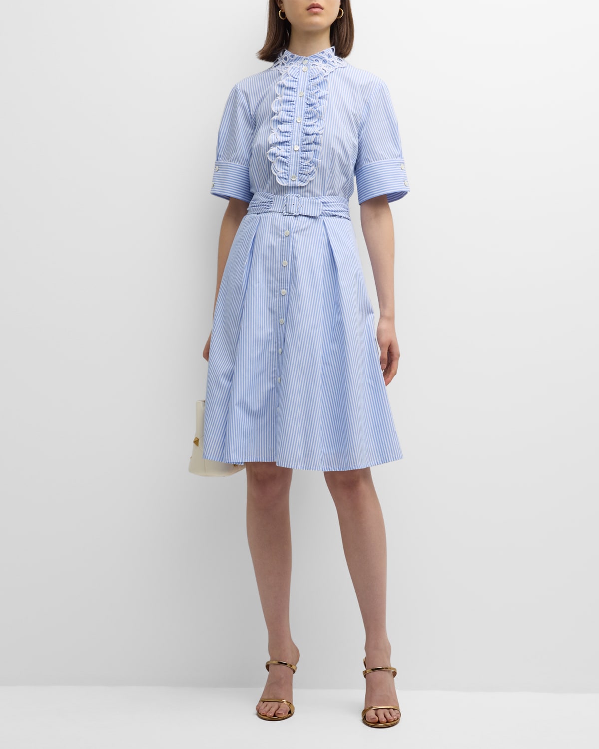 Maison Common Striped Eyelet-collar Belted Short-sleeve Shirtdress With Detachable Jabot In Open Blue