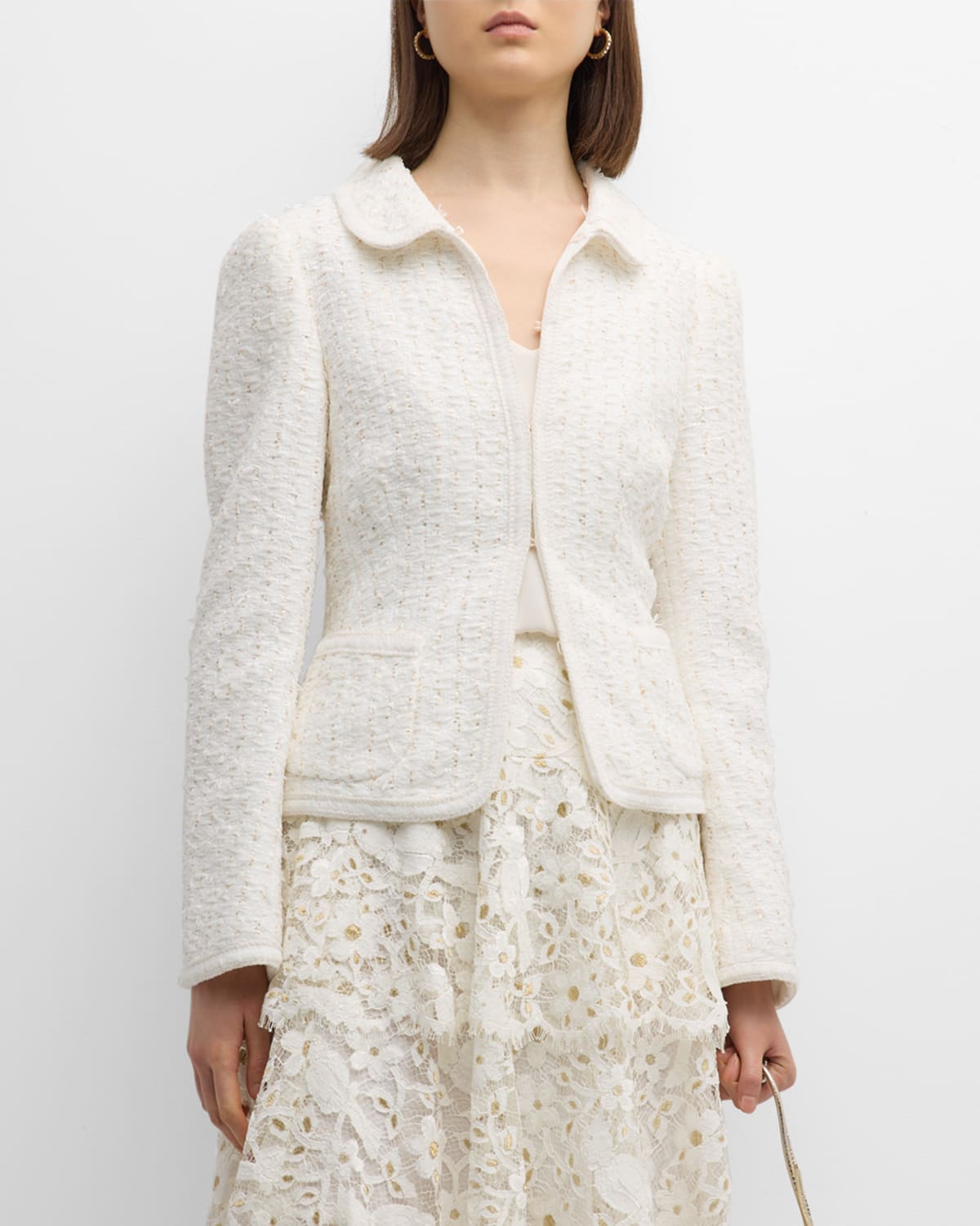Maison Common Peter-pan Collar Paillette Pinstripe Tweed Jacket In Open White