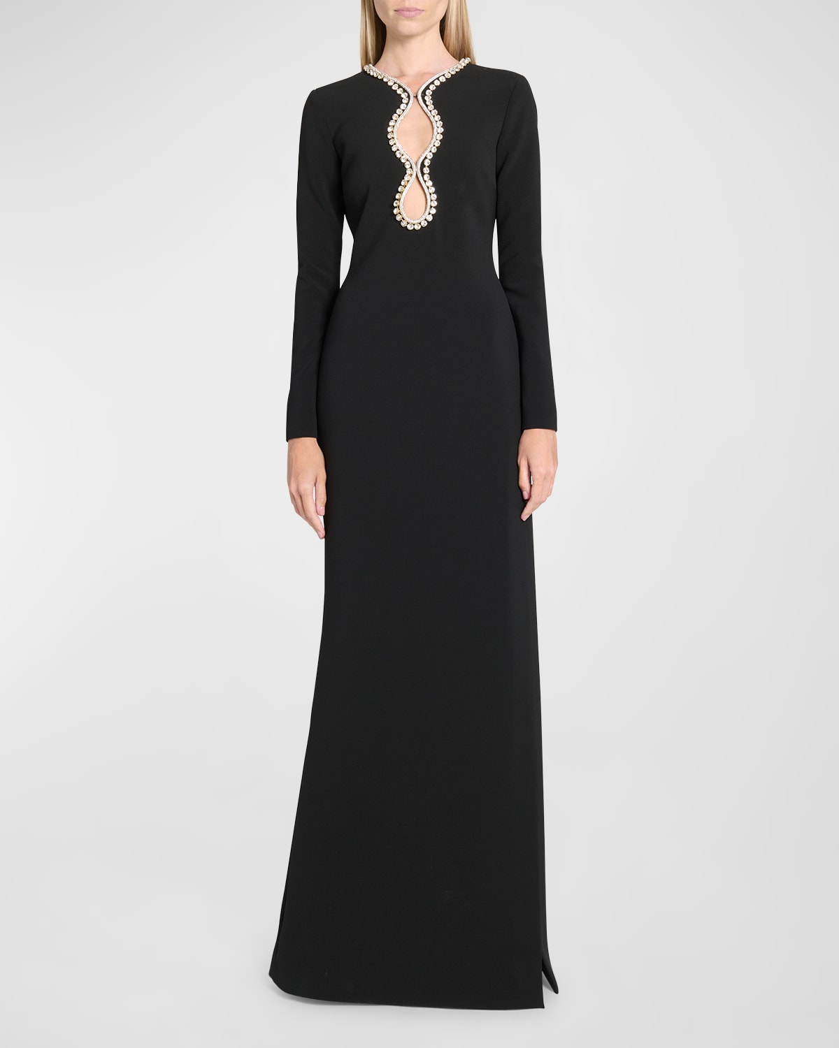 Shop Elie Saab Crystal Long-sleeve Thigh-slit Cady Gown In Black