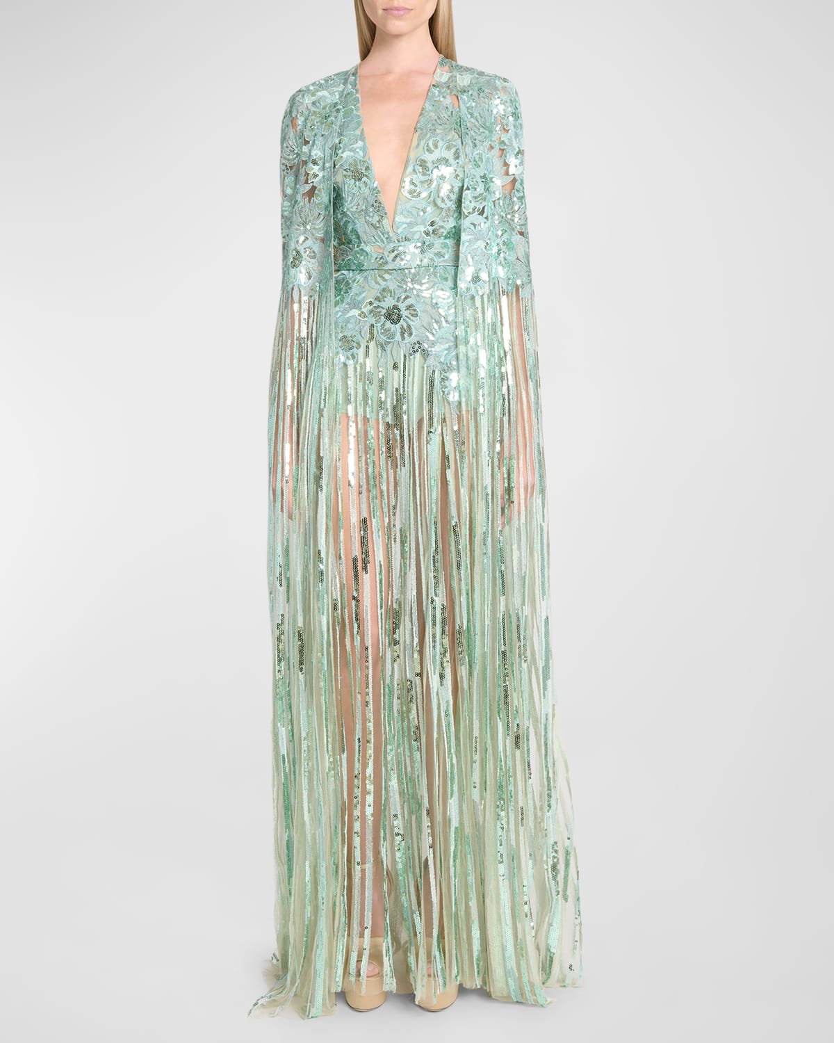 Elie Saab Plunging Floral Sequin Embroidered Tulle Cape Gown In Aquamarine