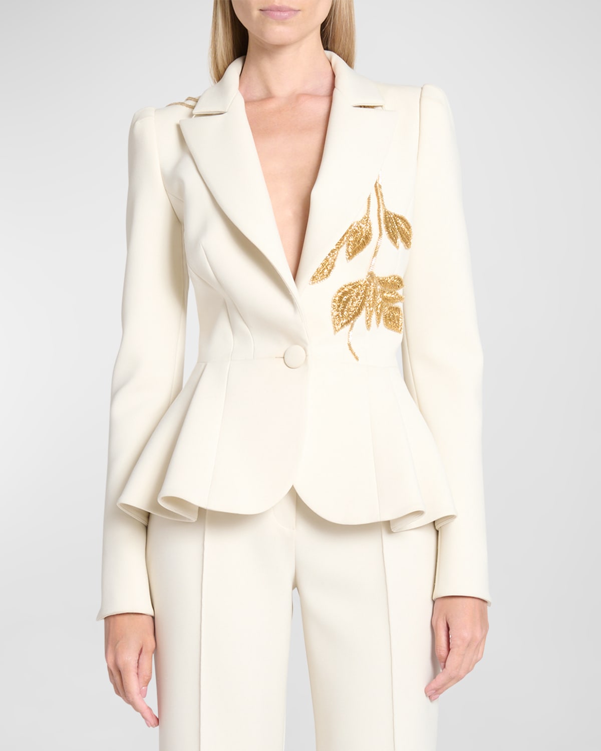 Elie Saab Bead Embroidered Cady Single-breasted Peplum Blazer In Neutrals