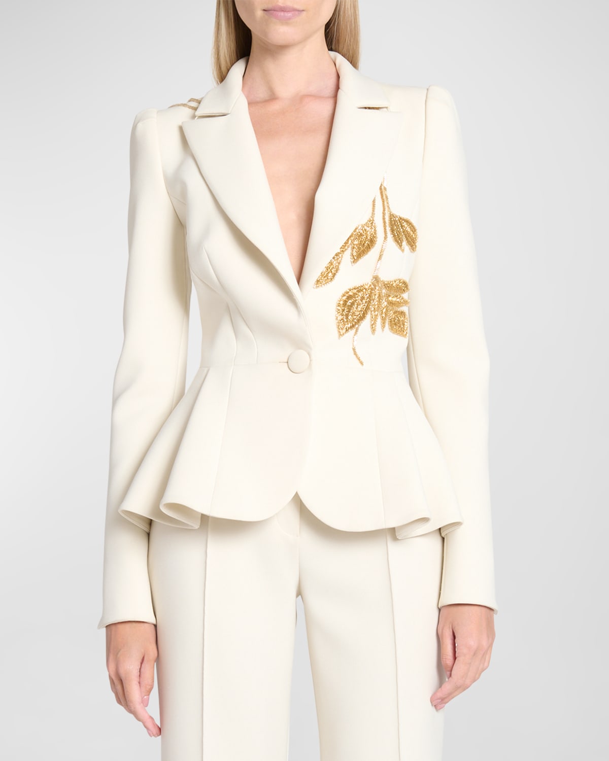 ELIE SAAB BEAD EMBROIDERED CADY SINGLE-BREASTED PEPLUM BLAZER