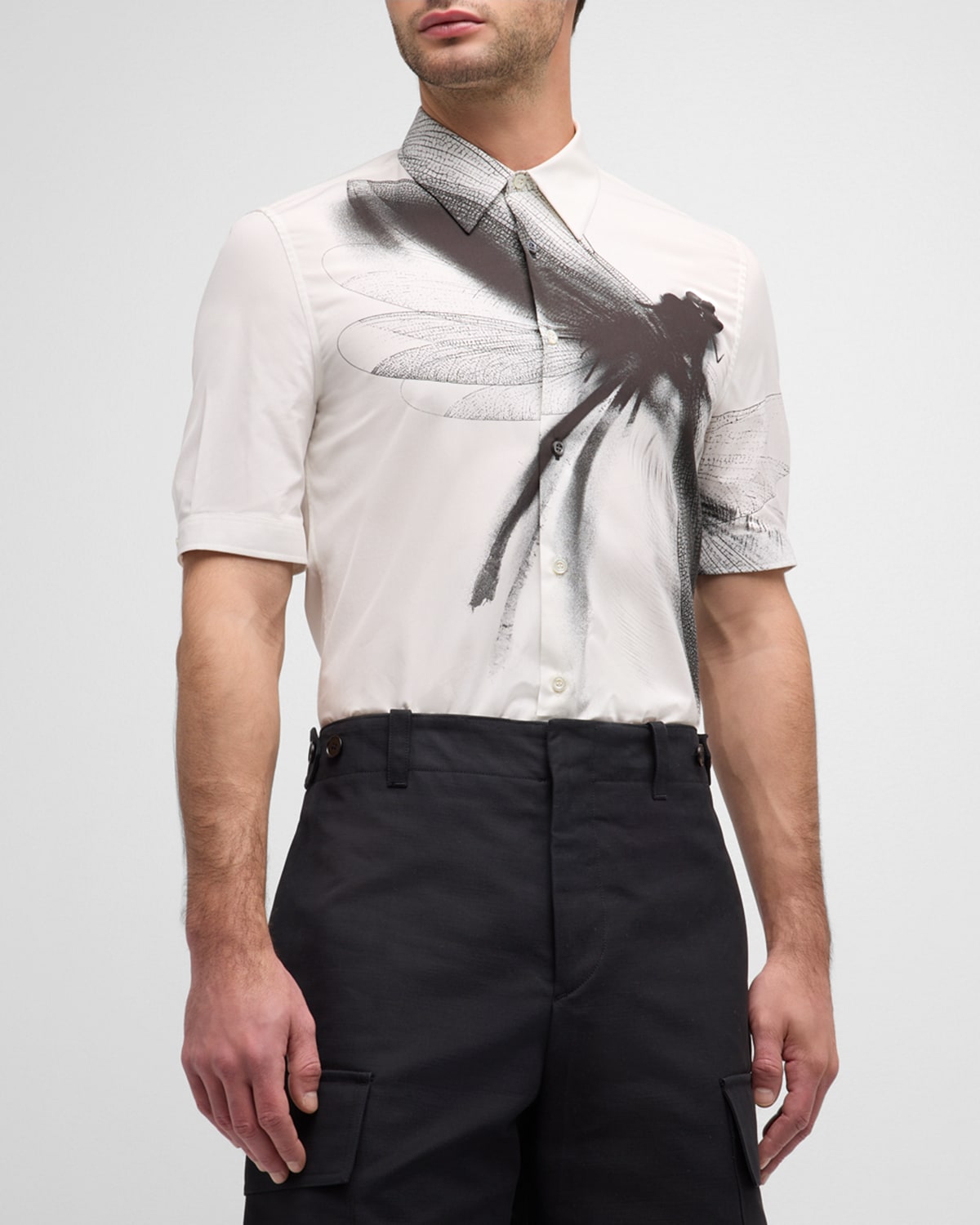 Men's Cotton Poplin Dragonfly Print Short-Sleeve Shirt