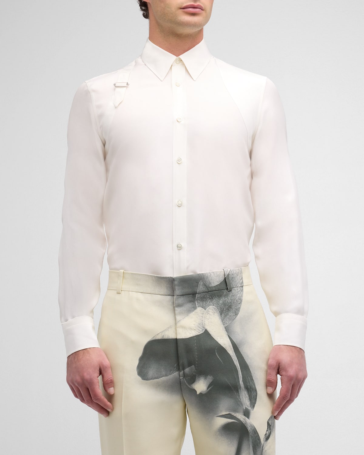 Shop Alexander Mcqueen Men's Silk Satin Harness Dress Shirt In Natural
