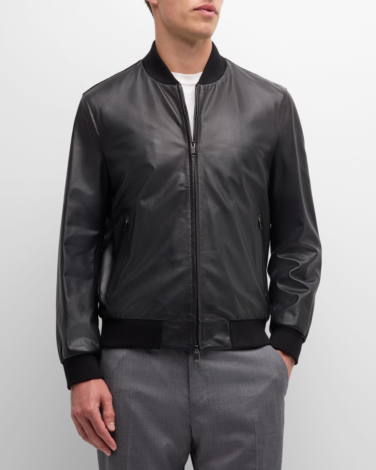 Shop Brioni Men's Perforated Leather Bomber Jacket In Black