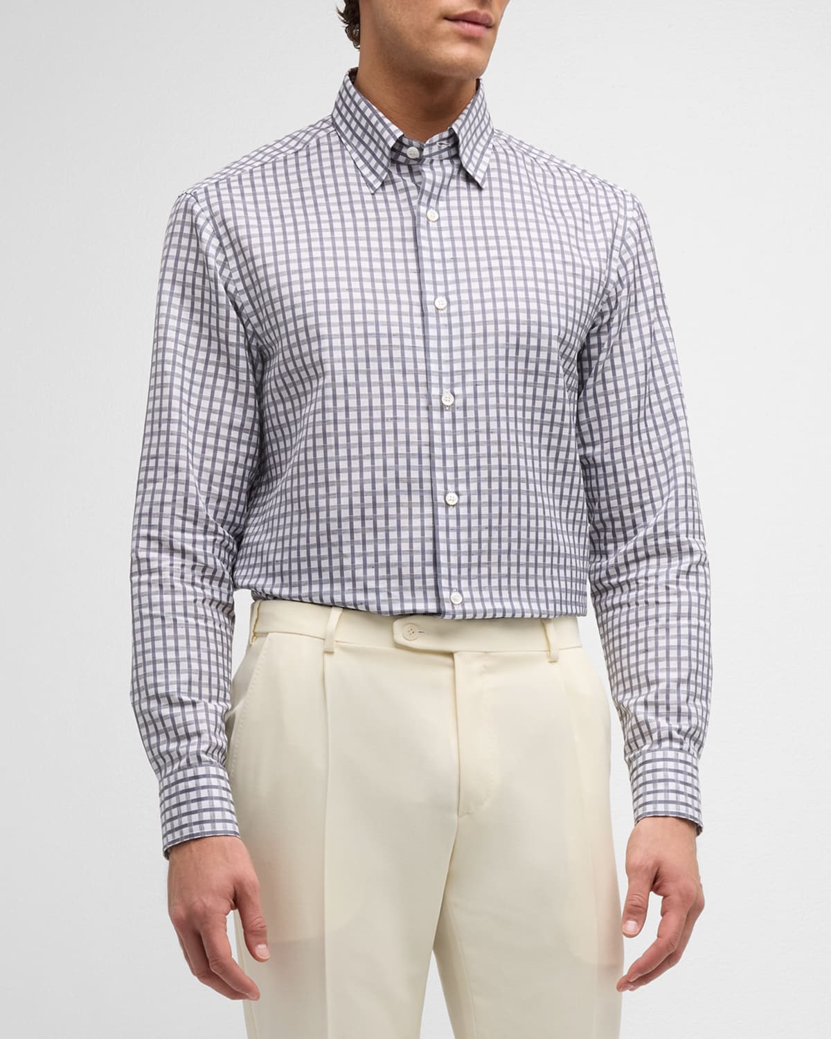Shop Brioni Men's Cotton-linen Check Sport Shirt In Graphite