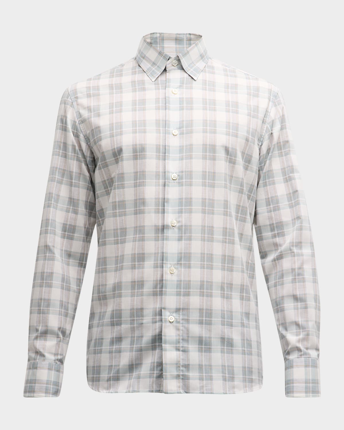 Brioni Men's Cotton-linen Plaid Sport Shirt In Pearl