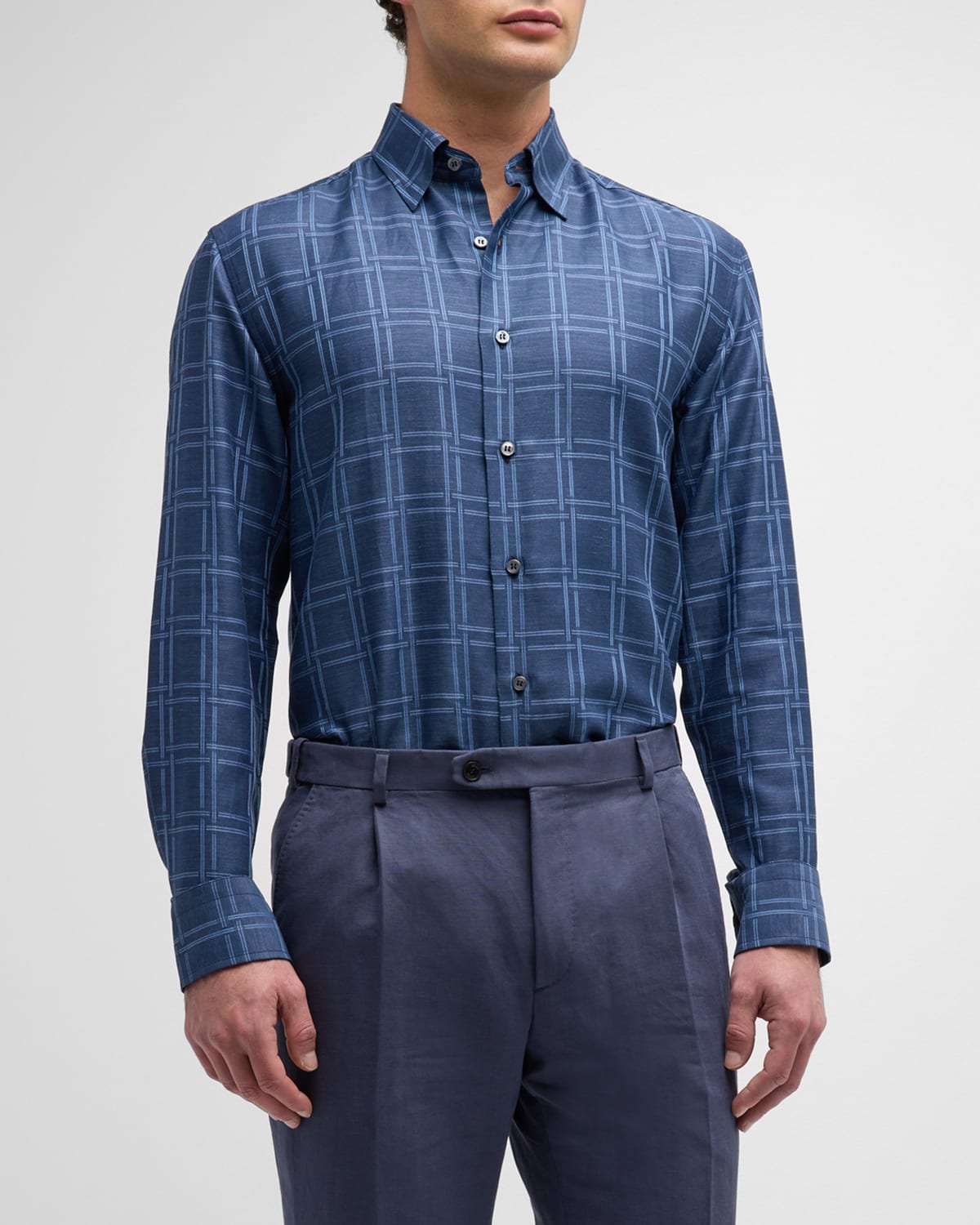Shop Brioni Men's Cotton-linen Basketweave-print Sport Shirt In Bluettena