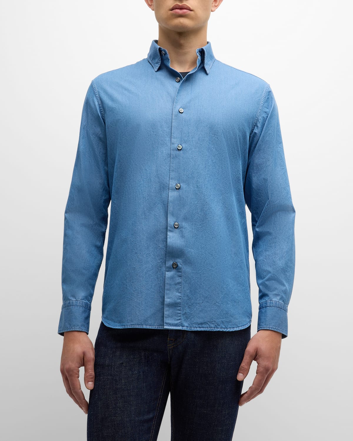 Shop Brioni Men's Chambray Button-down Shirt In Bluette