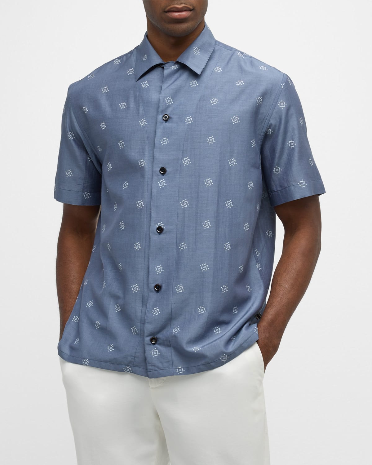 Shop Brioni Men's Cotton-silk Geometric-print Camp Shirt In Petroleum