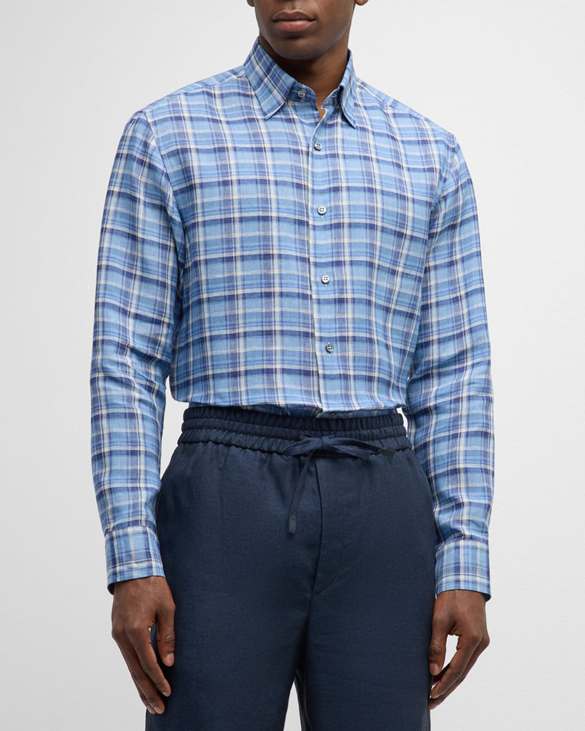 Men's Linen Plaid Casual Button-Down Shirt