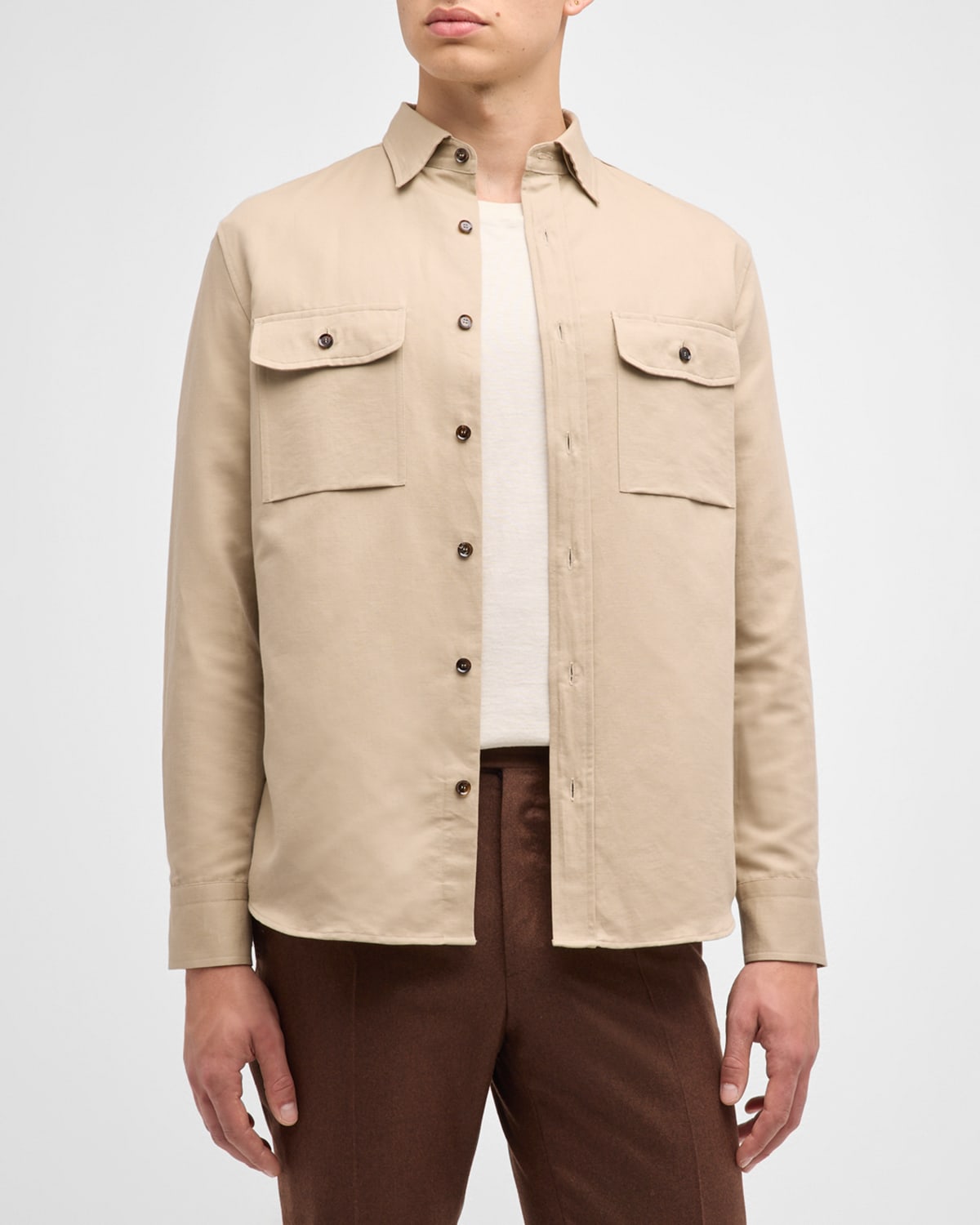 Brioni Men's Linen-cotton Military Overshirt In Beige