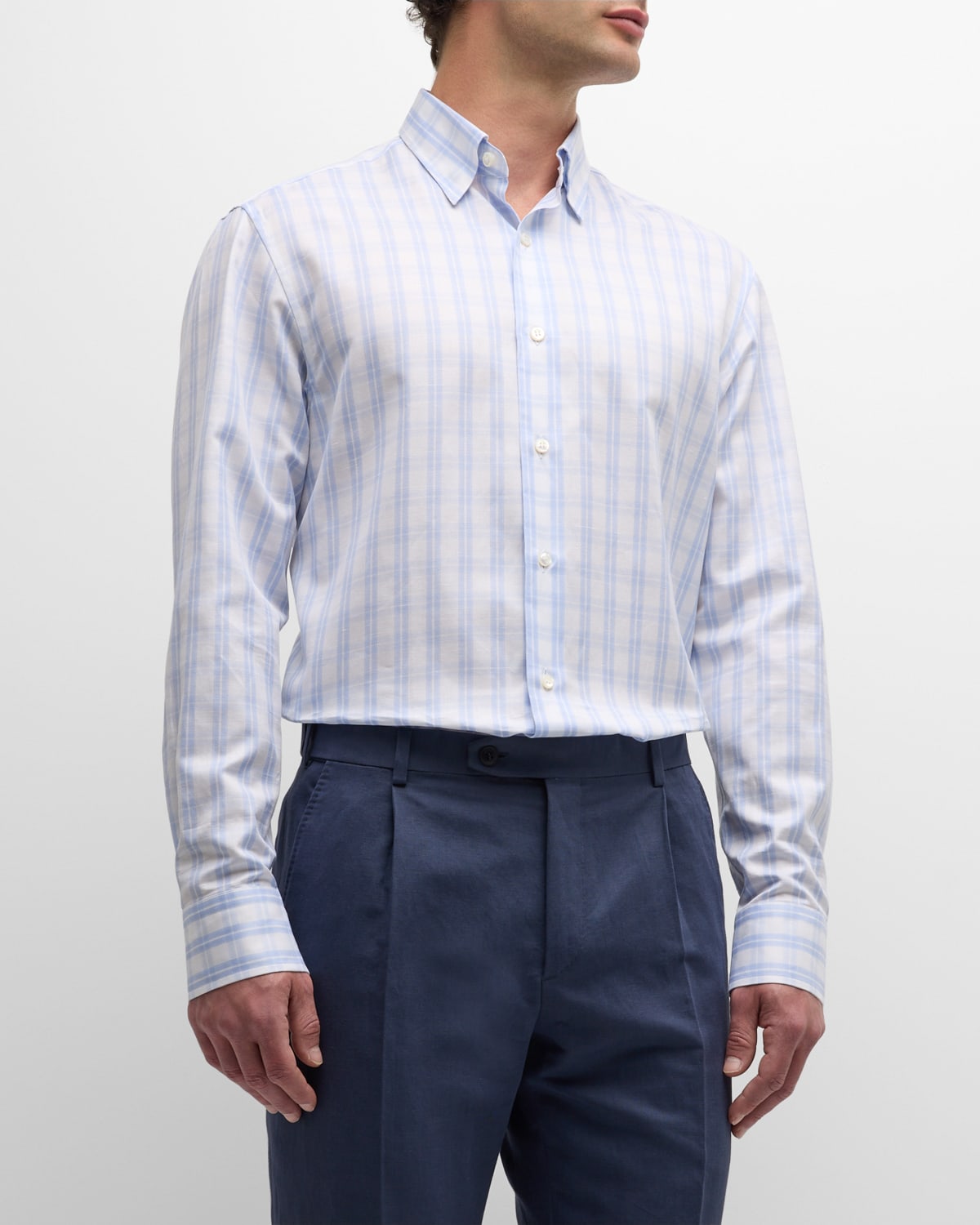 Shop Brioni Men's Cotton-linen Check-print Sport Shirt In Whiteblue
