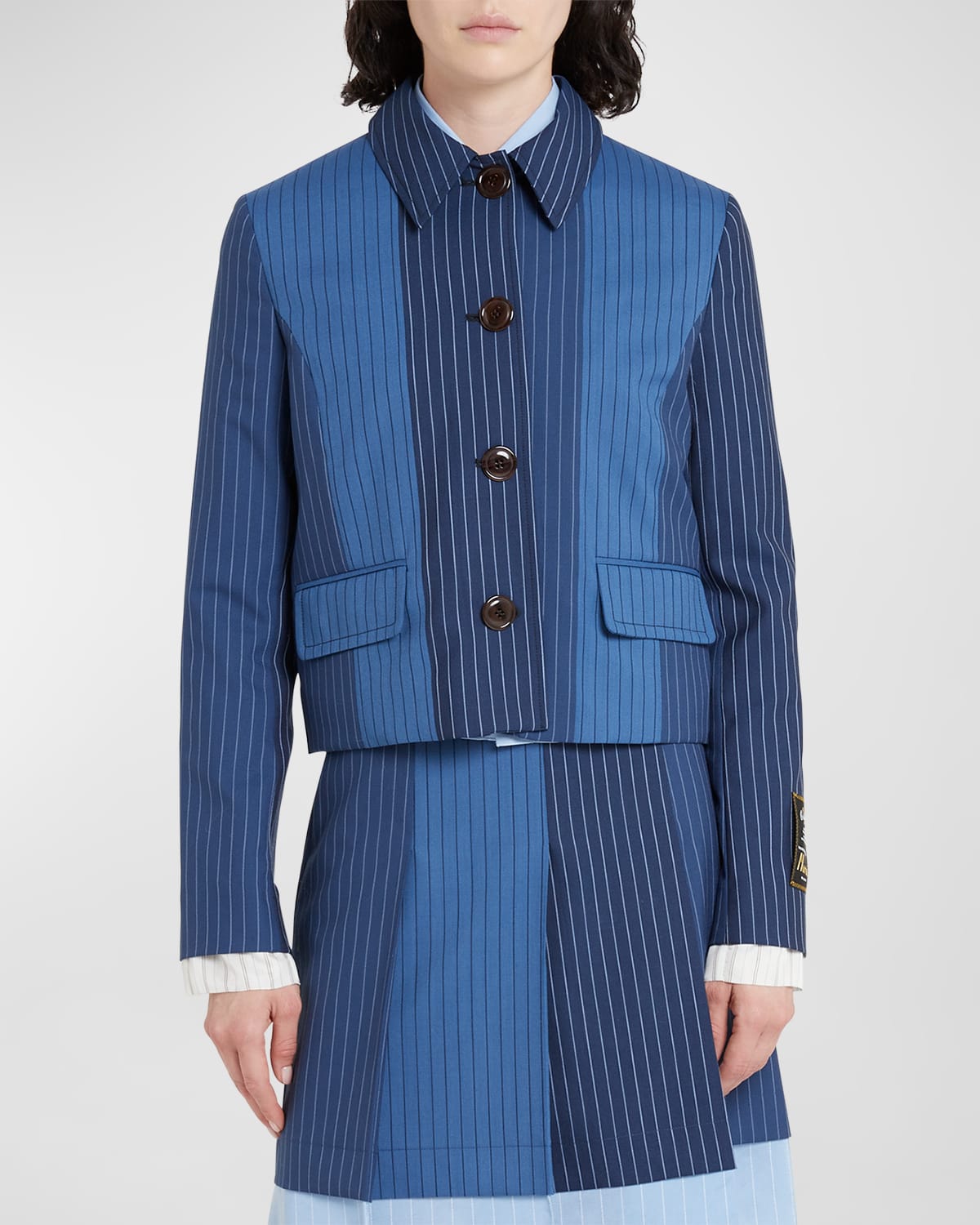 Shop Marni Cropped Contrast Pinstripe Shirt Jacket In Darkblue