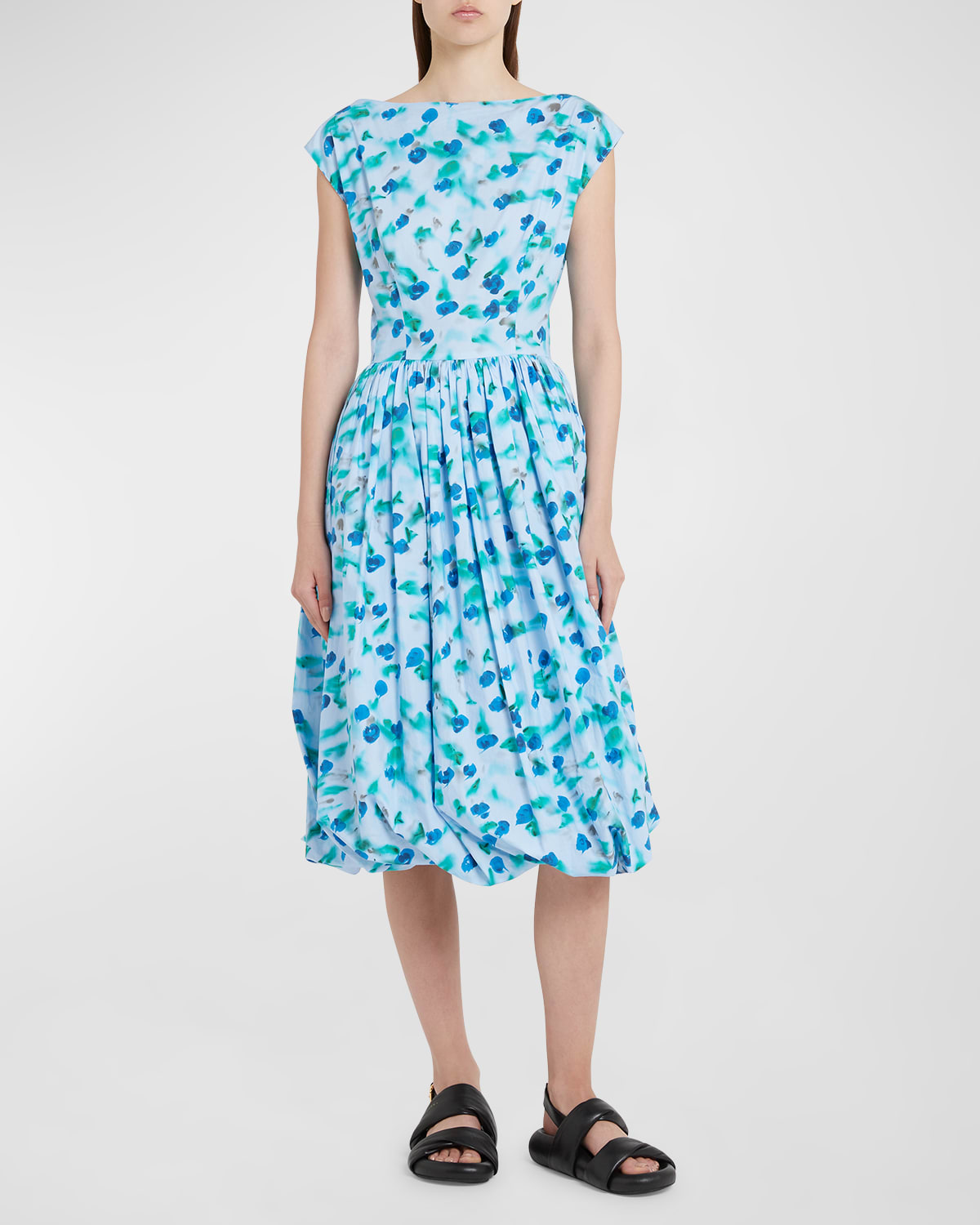 Shop Marni Floral Print Midi Dress With Balloon Skirt In Lightblue