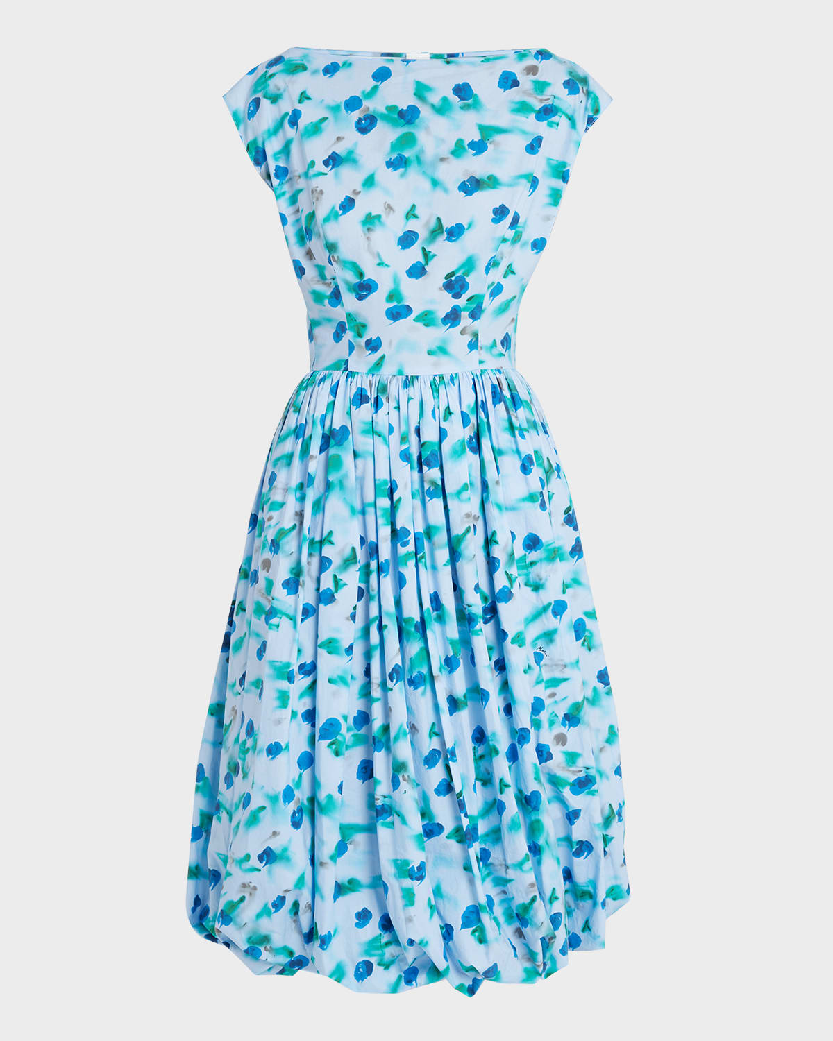 Shop Marni Floral Print Midi Dress With Balloon Skirt In Lightblue