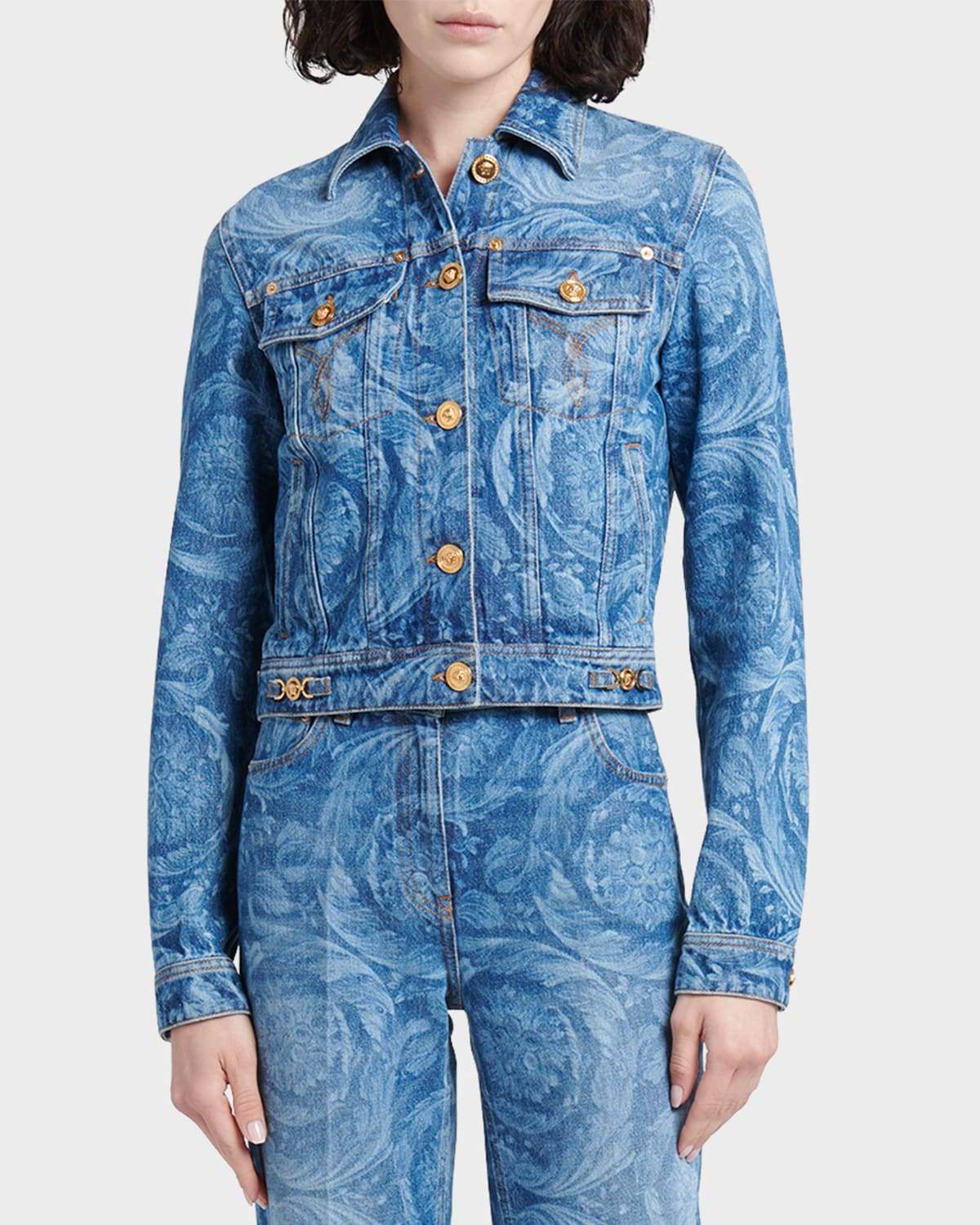 Shop Versace Stone-washed Baroque Print Denim Jacket In Medium Blue