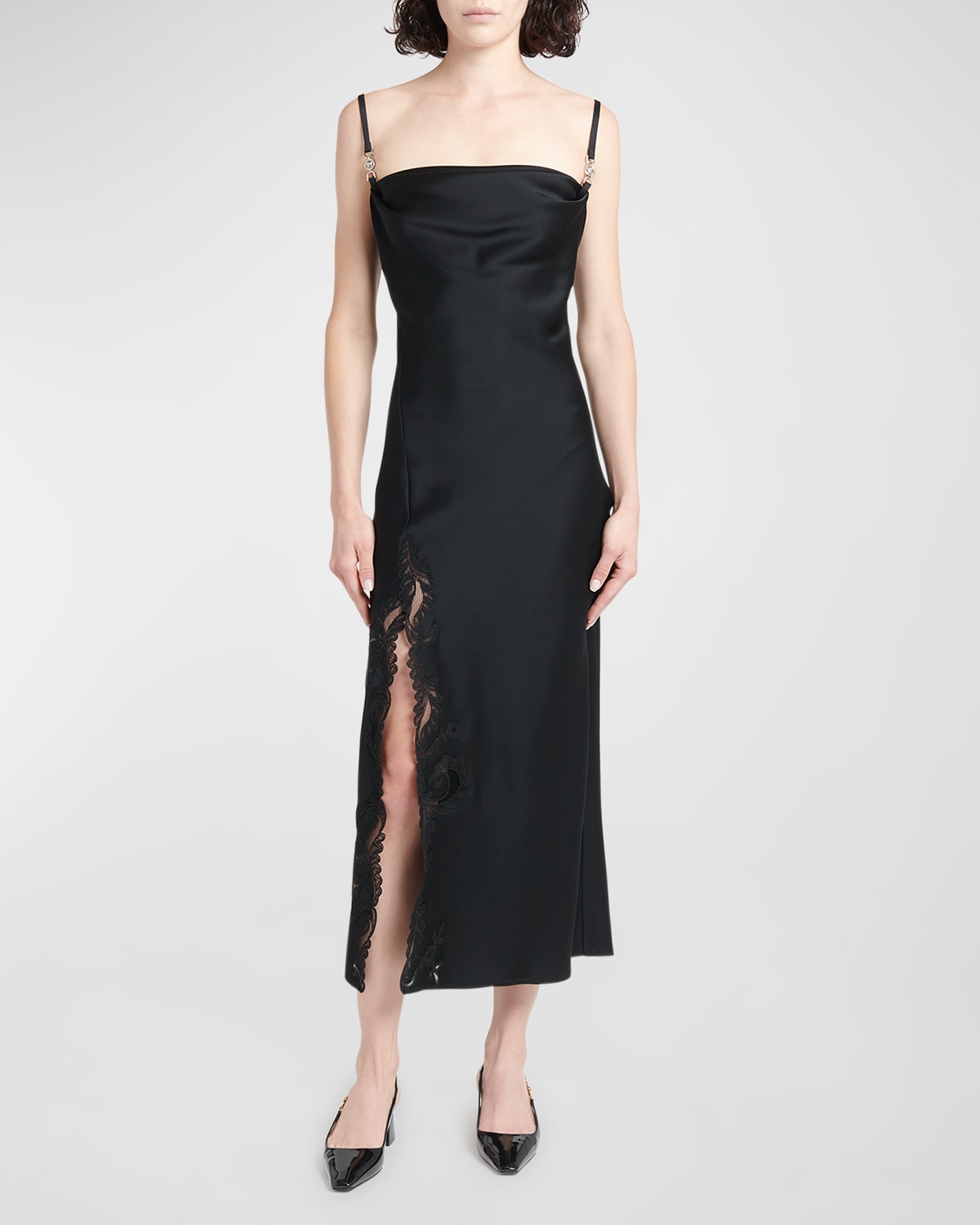 Shop Versace Satin Lace-embroidered Midi Slip Dress In Black
