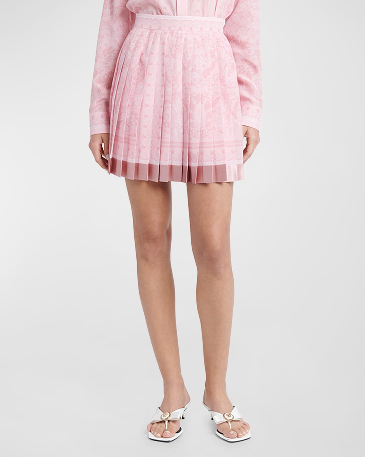 Shop Versace Pleated Baroque-print Crepe De Chine Mini Skirt In Pale Pink