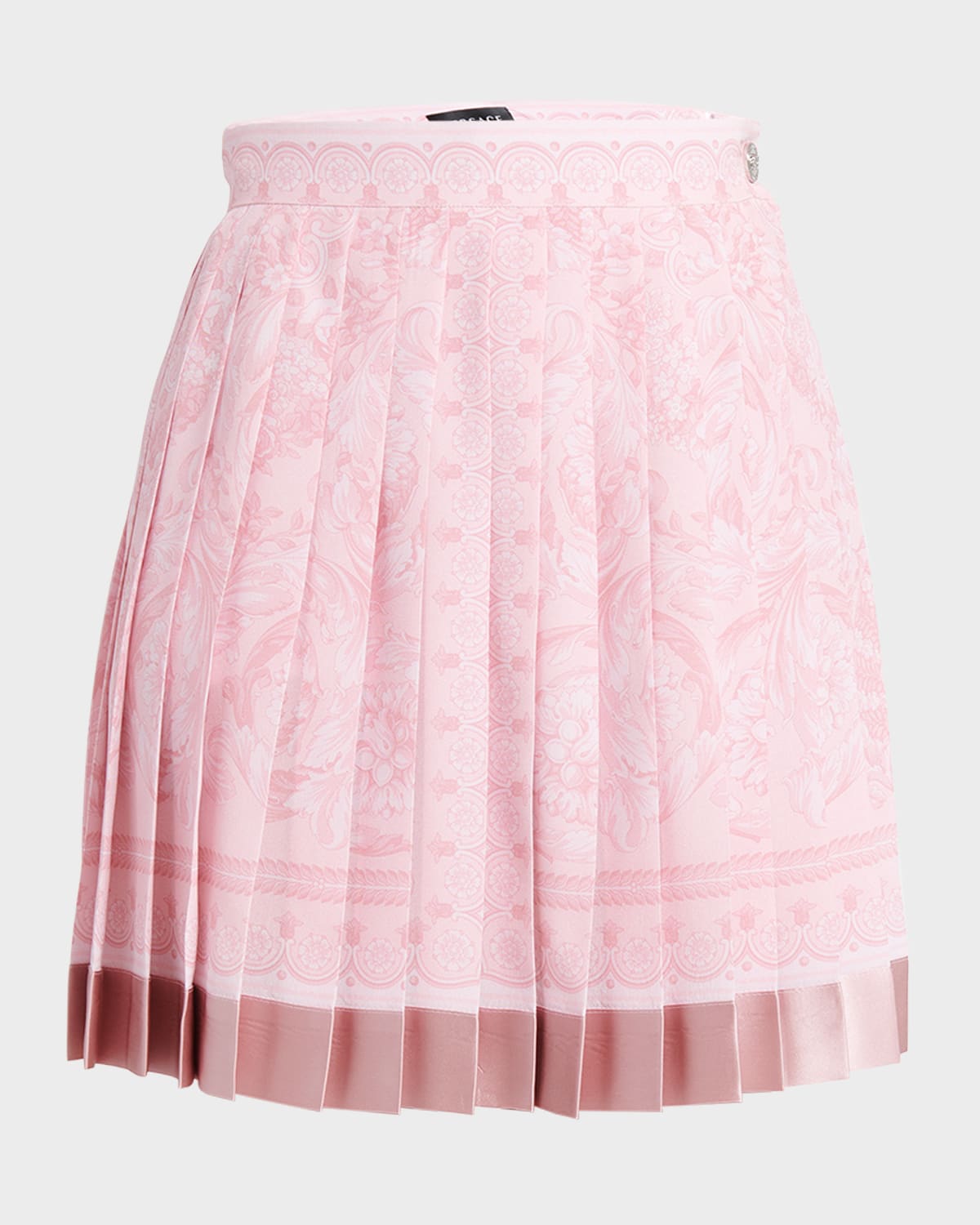 Shop Versace Pleated Baroque-print Crepe De Chine Mini Skirt In Pale Pink