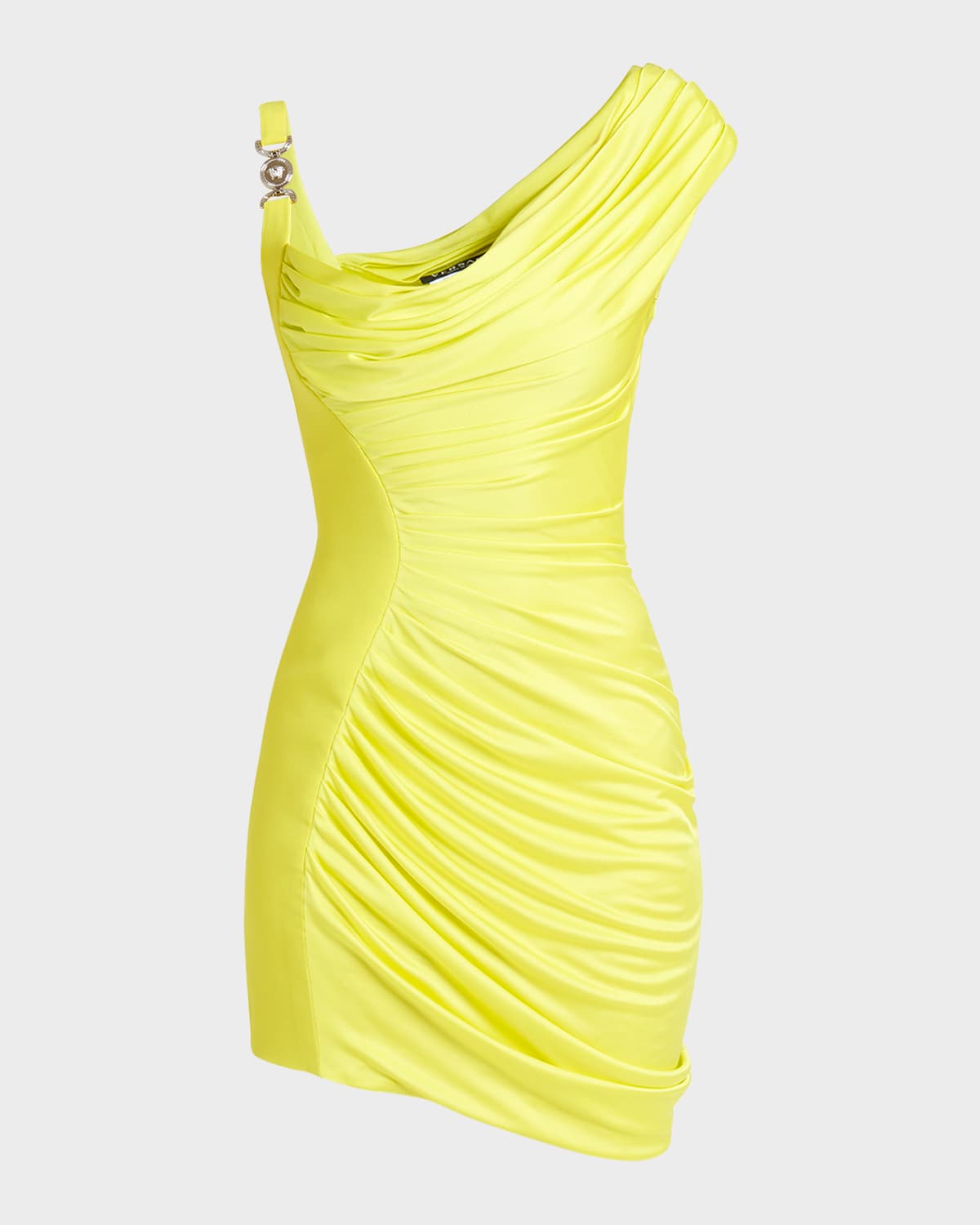 Versace Asymmetric Embellished Draped Jersey Mini Dress In Mimosa