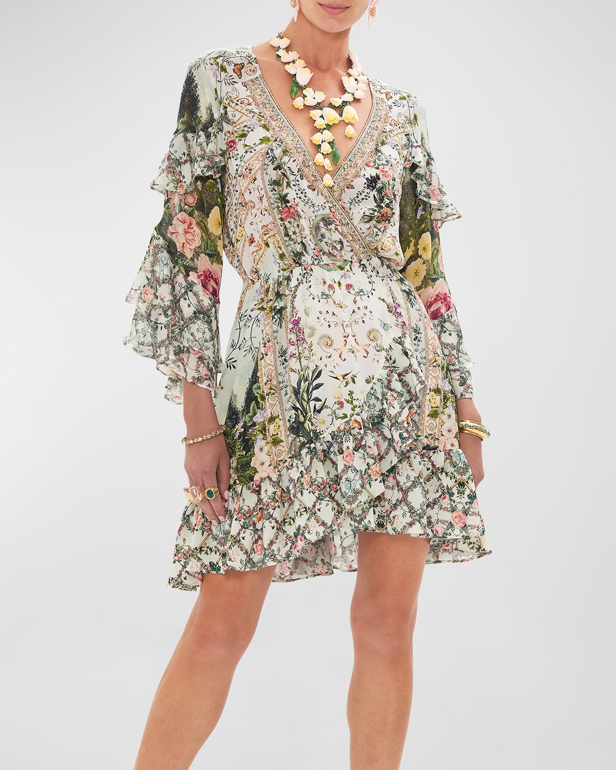 Camilla Renaissance Romance Silk Wrap Minidress In Renaissance Roman