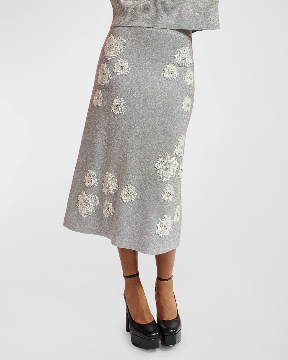 Shop Essentiel Antwerp Edance Bead Embroidery Metallic Knit Midi Skirt In Off White
