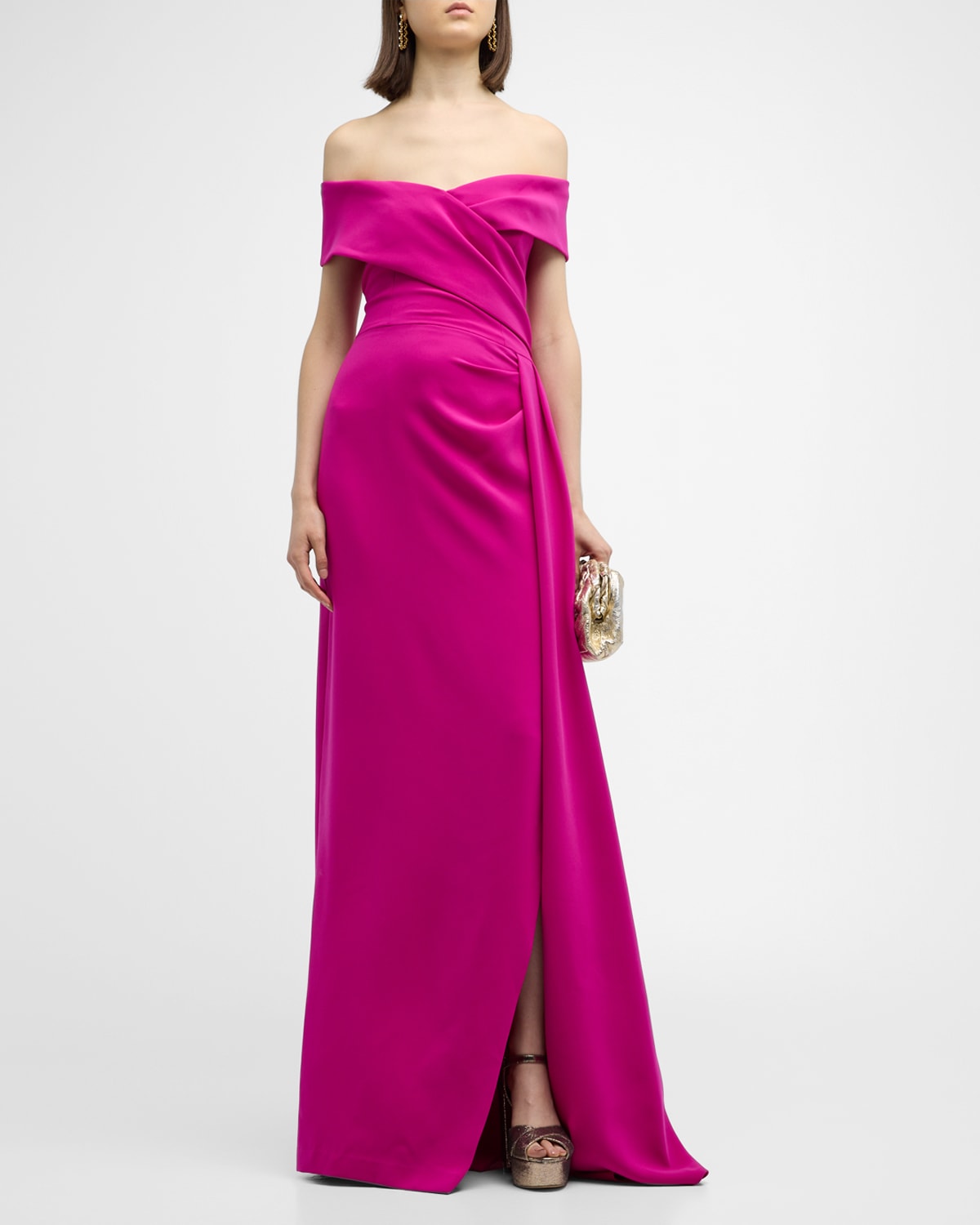Rickie Freeman For Teri Jon Pleated Off-shoulder Draped Crepe Gown In Hot Pink