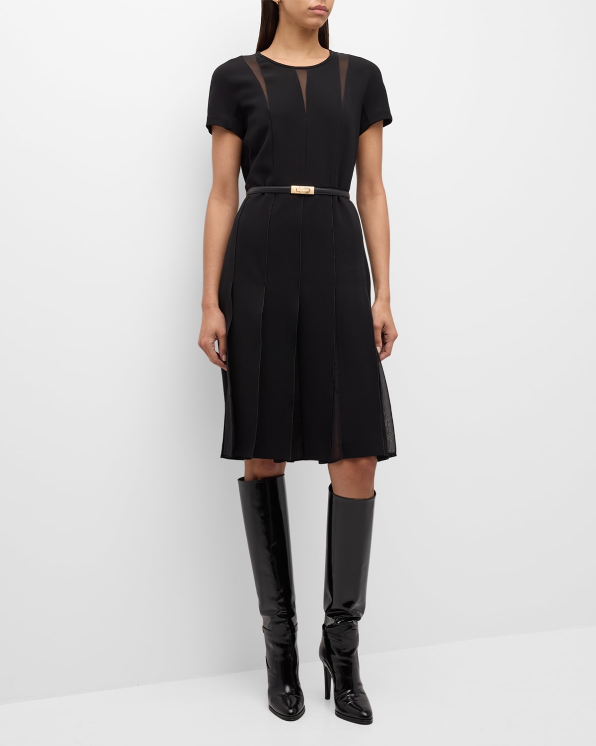 Max Mara Papaia Pleated Belted Illusion-inset Midi Dress In Black