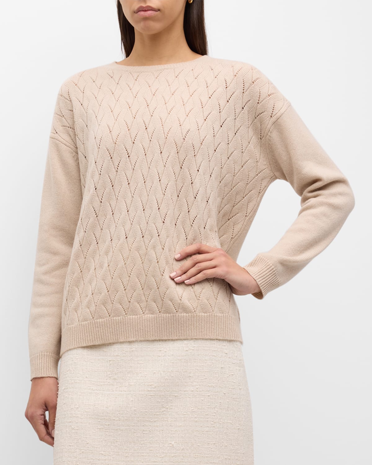 Shop Max Mara Certo Crewneck Pointelle Cable-knit Sweater In Sand Melange