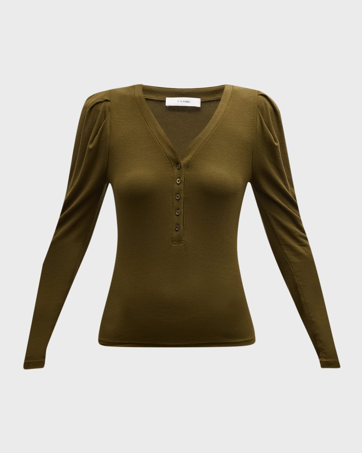 Frame Puff Shoulder Rib Henley In Olive Khaki