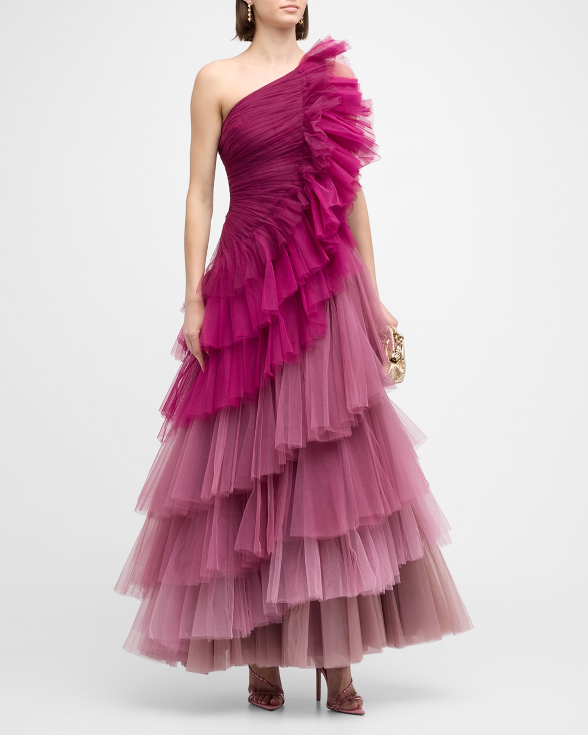 Shop Badgley Mischka One-shoulder Ombre Tiered Tulle Gown In Sngr