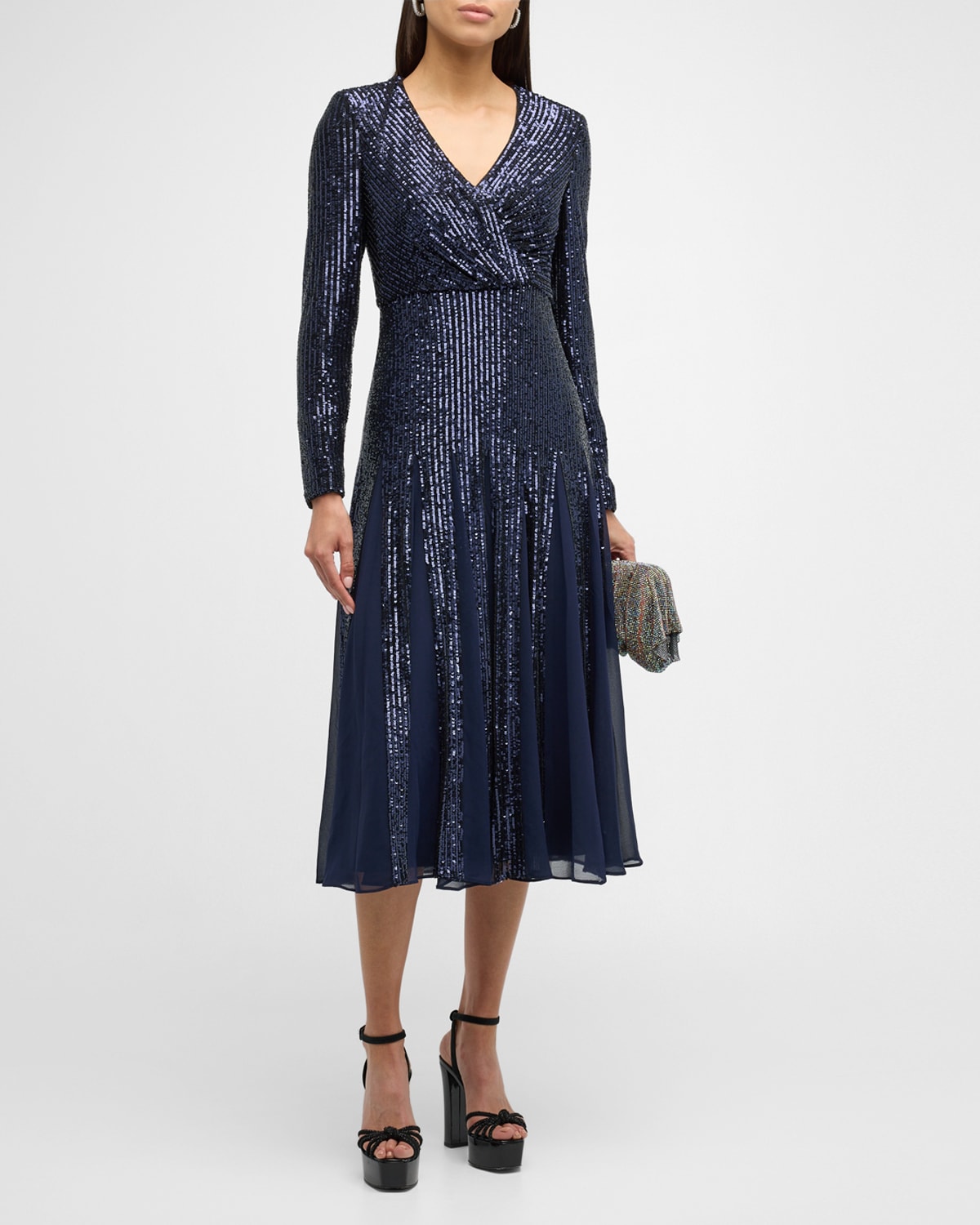 Long-Sleeve Sequin Godet Midi Dress