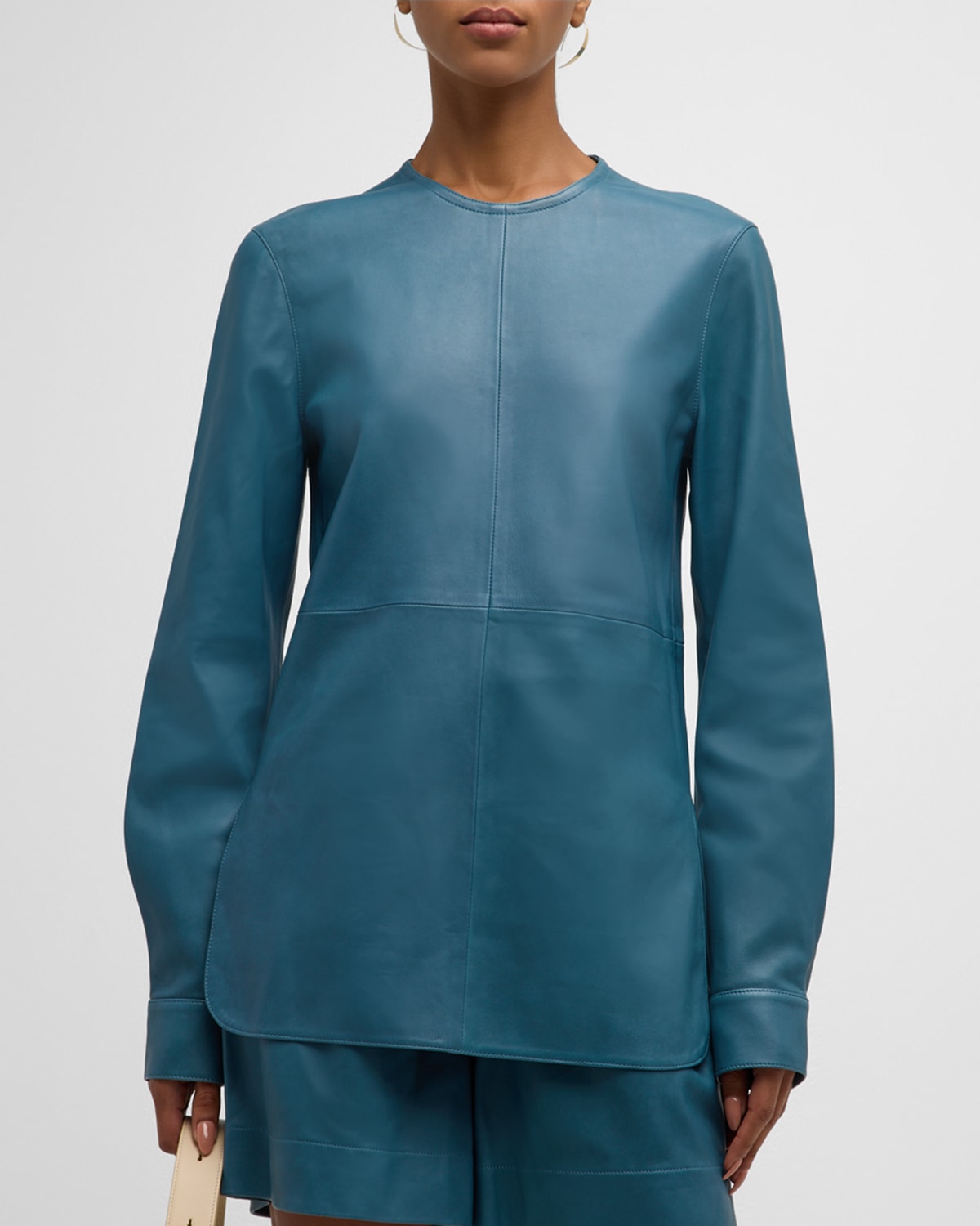 Co Llarless Leather Tunic Shirt In Blue