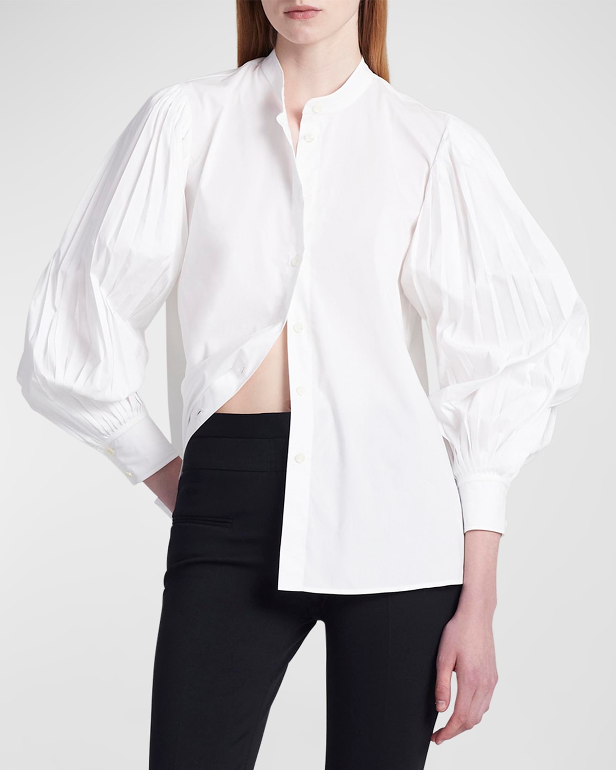 Shop Altuzarra Patsy Pleated Blouson-sleeve Collared Top In Optic White