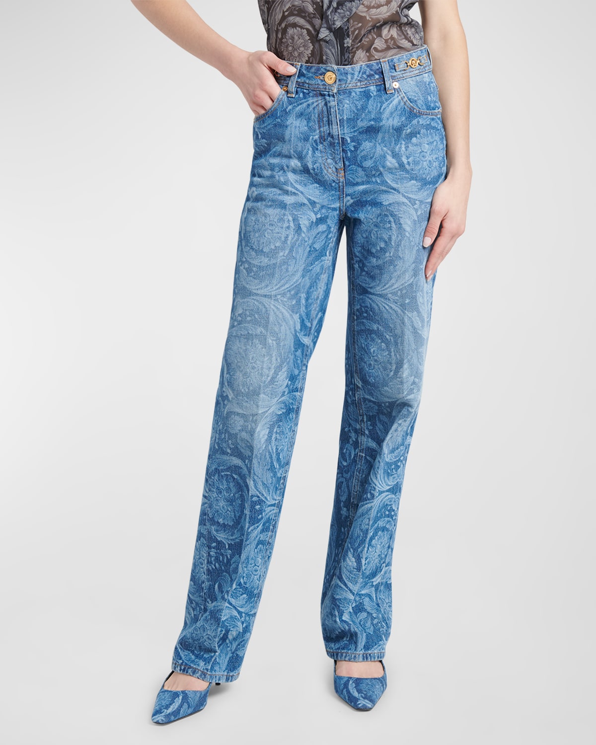 Shop Versace Baroque-print Stone-washed Straight Jeans In Medium Blue