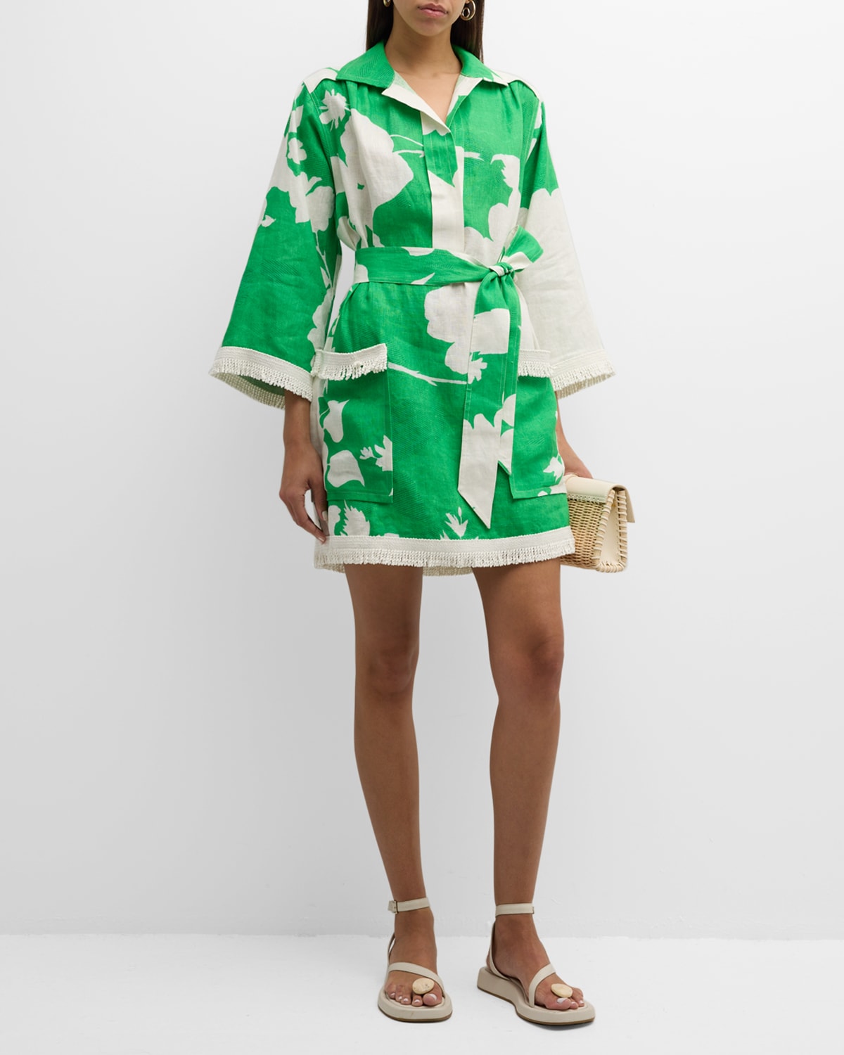 Belted Floral-Print Fringe-Trim Mini Dress