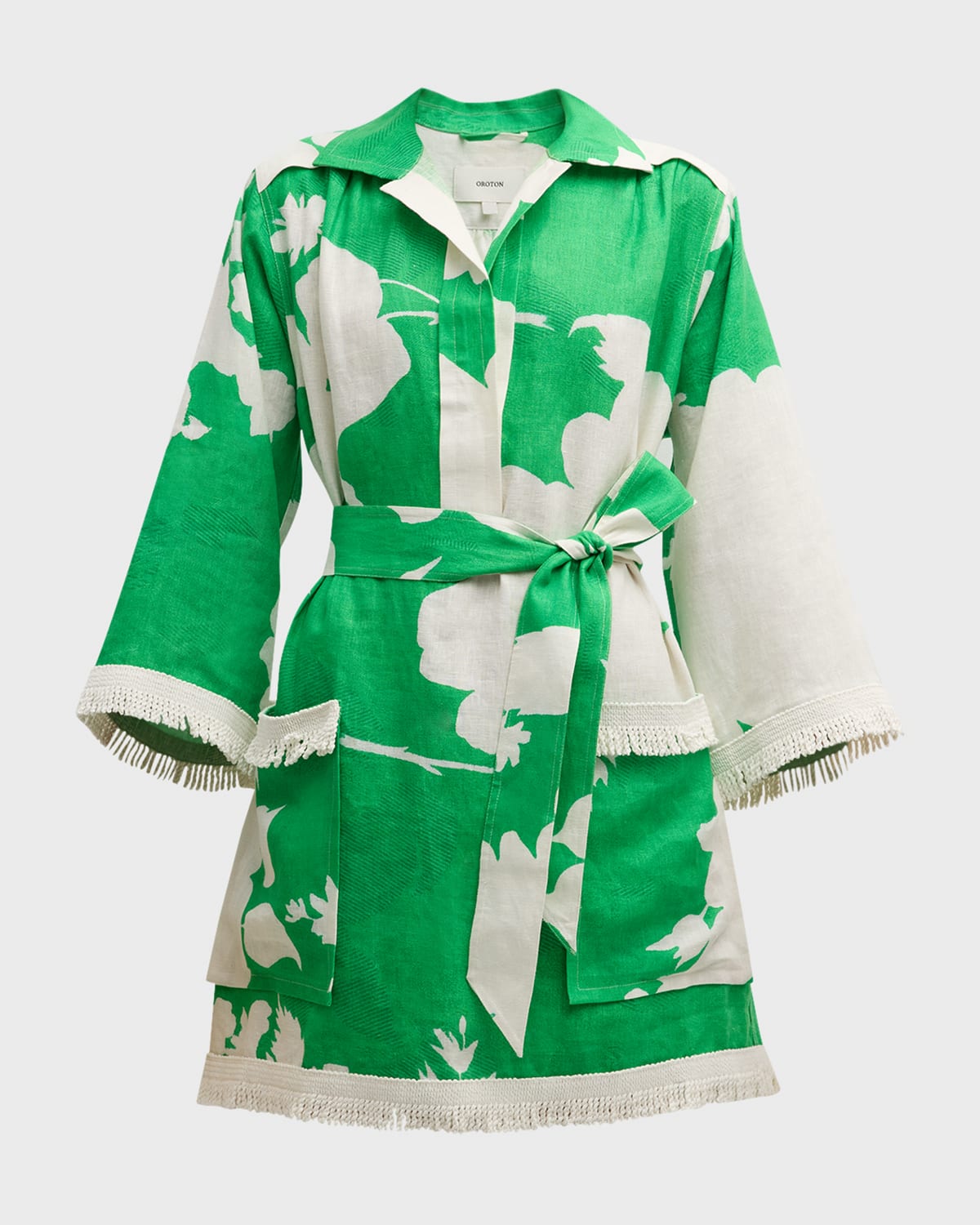 Oroton Belted Floral-print Fringe-trim Mini Dress In Jewel Green | ModeSens