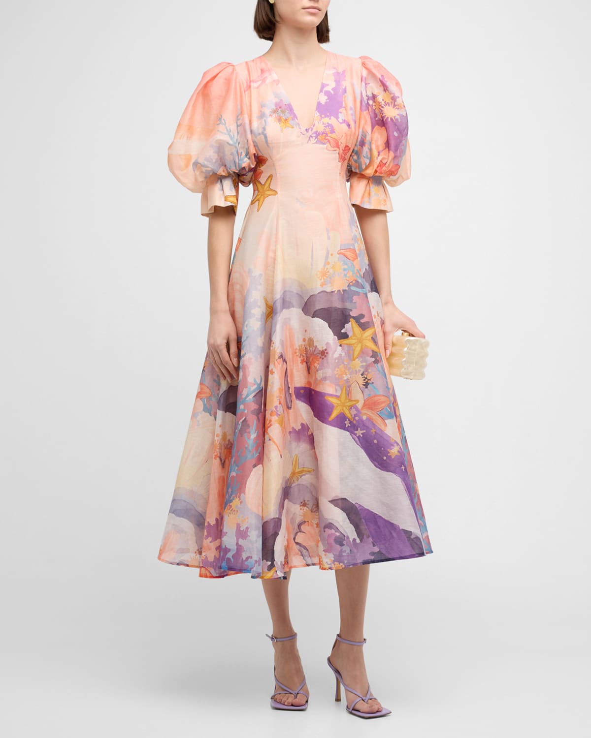 Lara Puff-Sleeve Coral-Print Maxi Dress