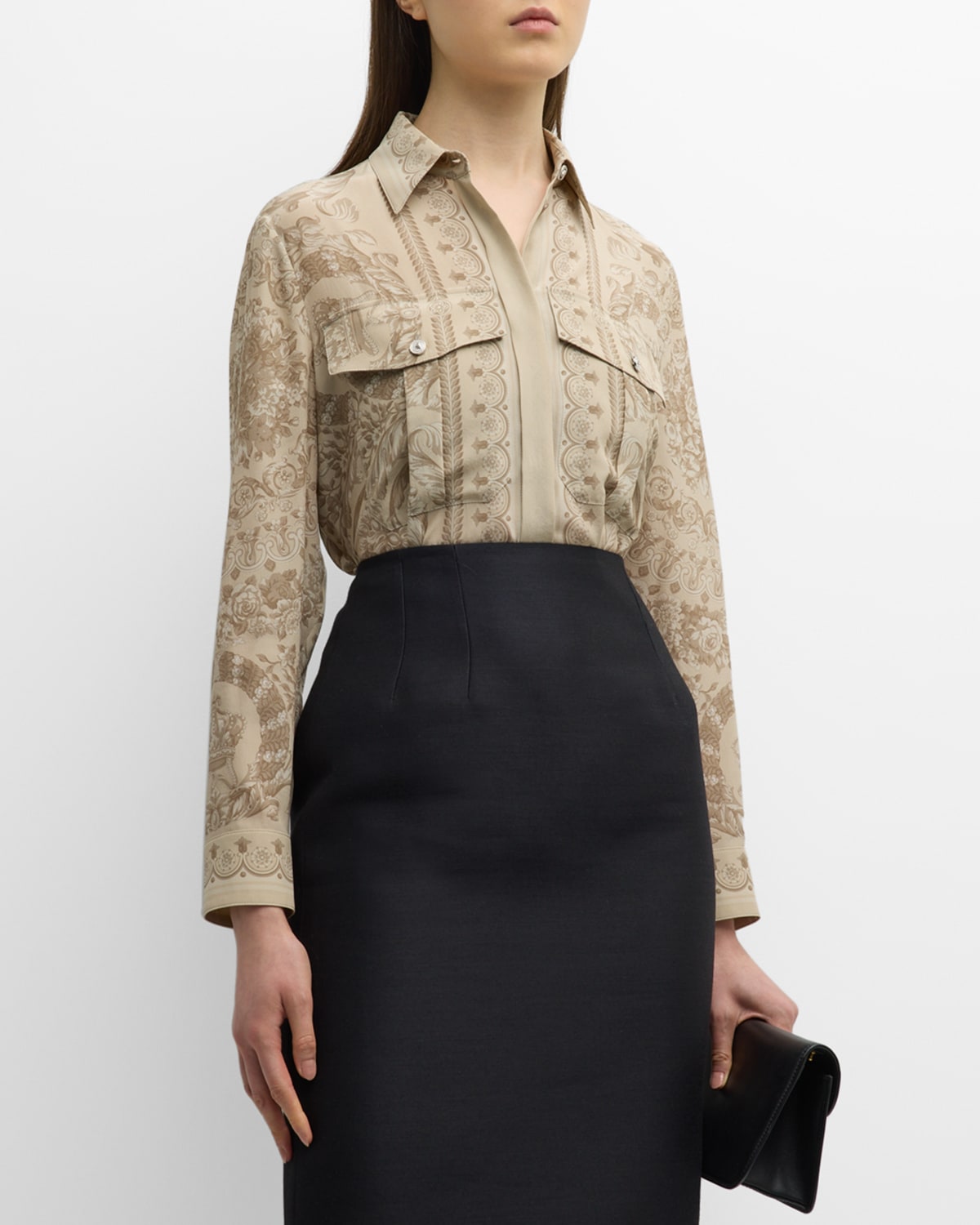 Shop Versace Baroque-print Crepe De Chine Collared Shirt In Sand