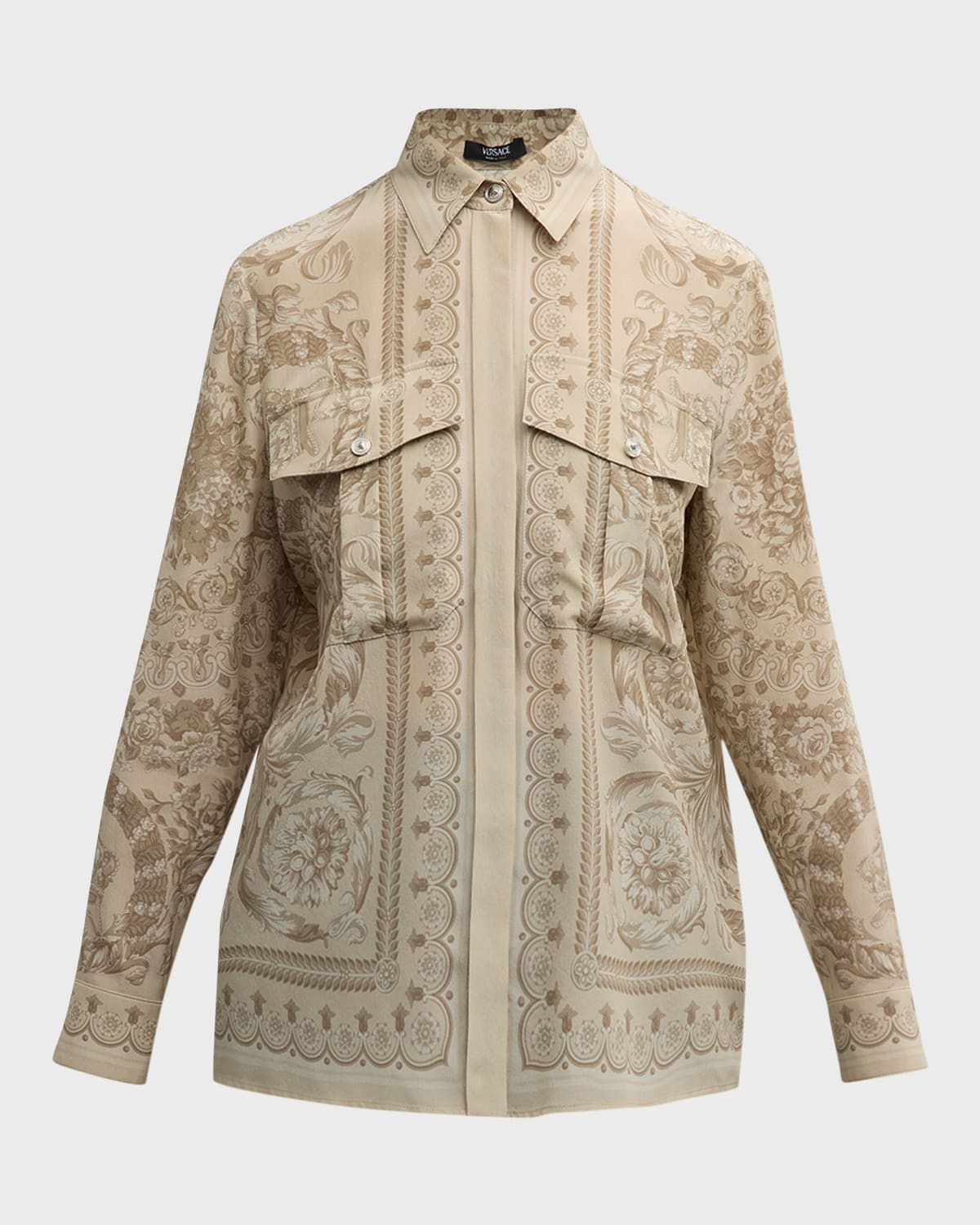 Versace Baroque-print Crepe De Chine Collared Shirt In Sand