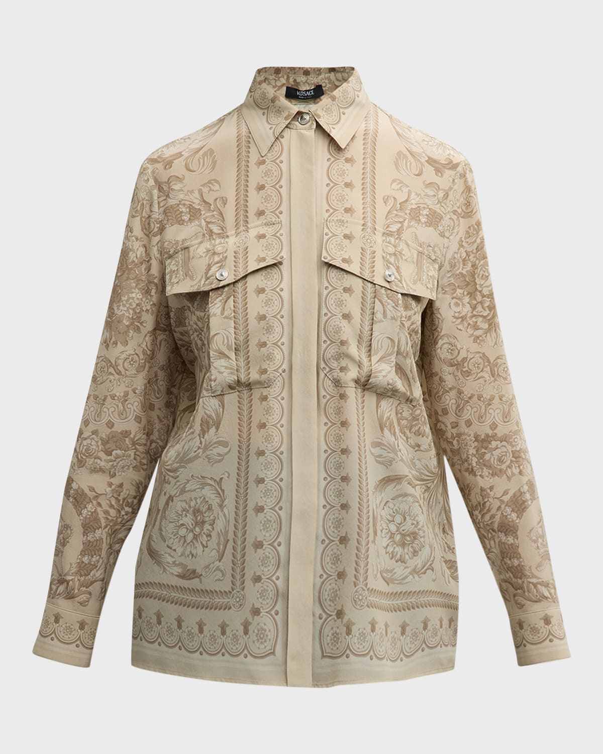 Shop Versace Baroque-print Crepe De Chine Collared Shirt In Sand