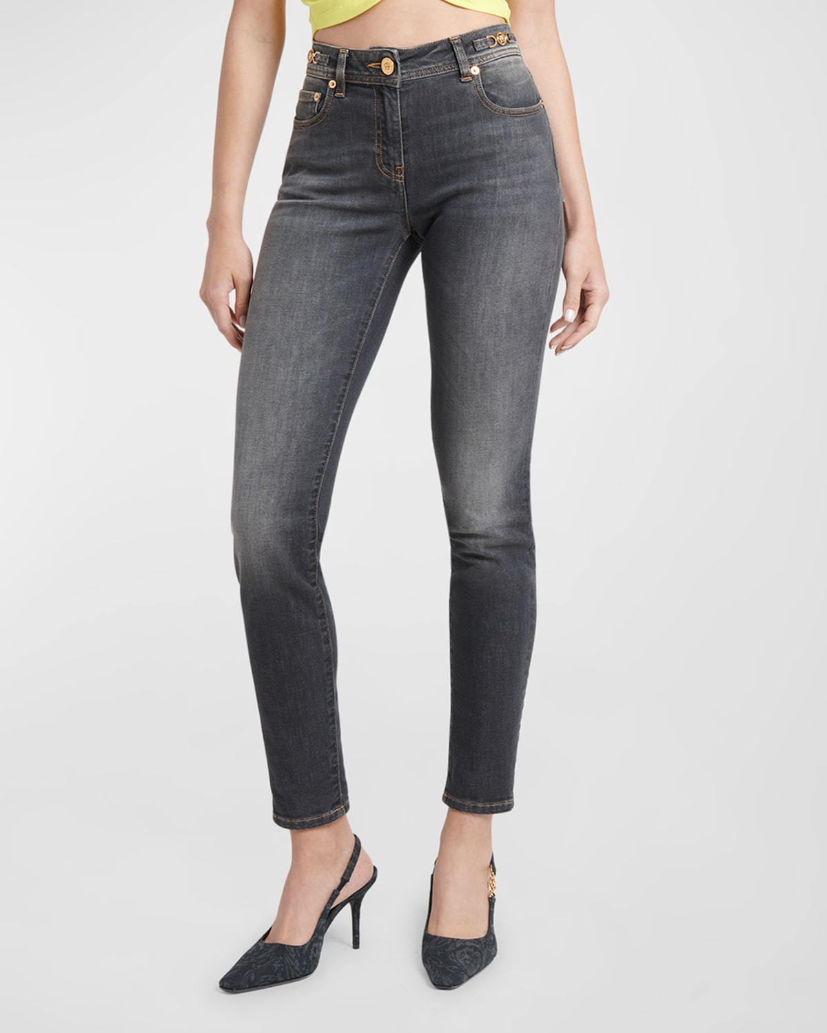 Versace Medusa Head Stonewashed Skinny Jeans In Mid Grey