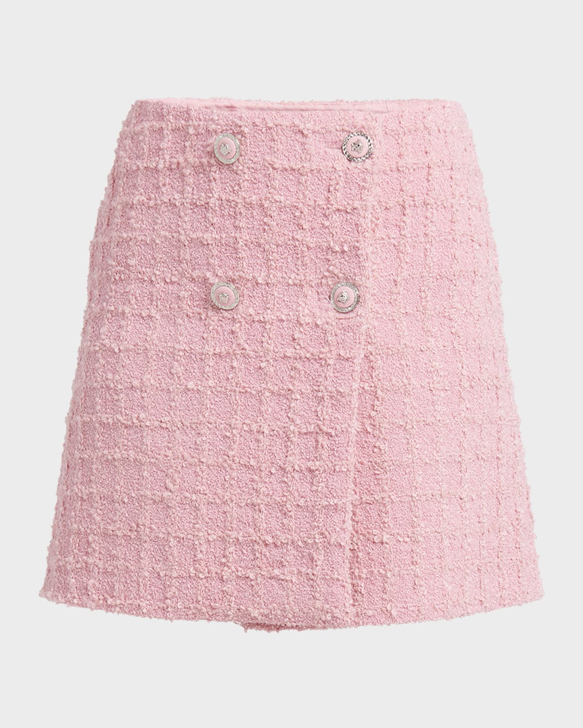 Shop Versace Heritage Textured Tweed Medusa Double-breasted Mini Skirt In Pale Pink