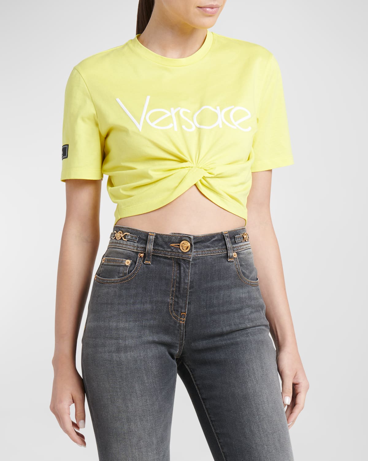 Versace 80s Twist-front Logo Embroidery T-shirt In Yellow White