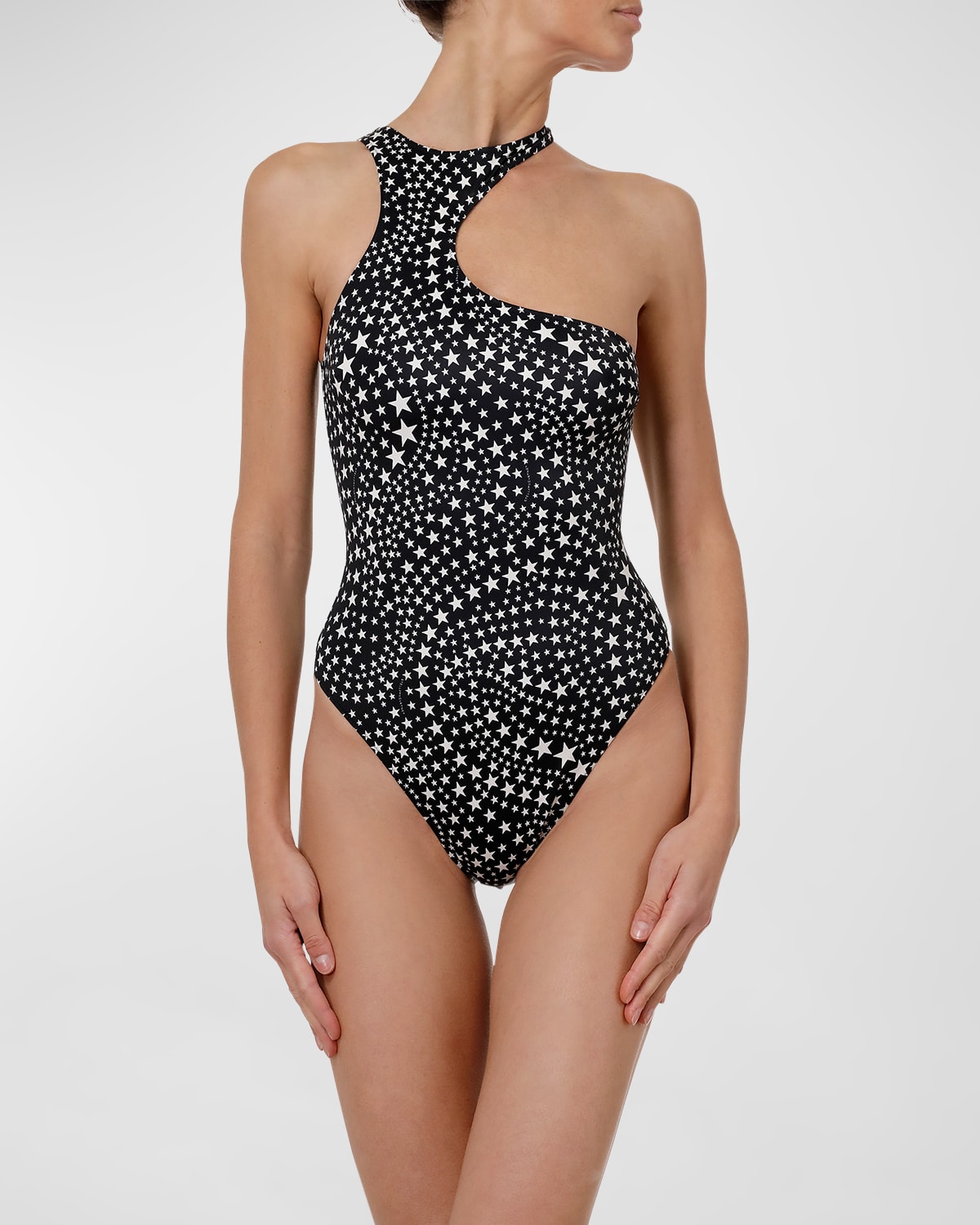 Shop Stella Mccartney Star Print Asymmetric Cutout One-piece Swimsuit In Oxford/ivory