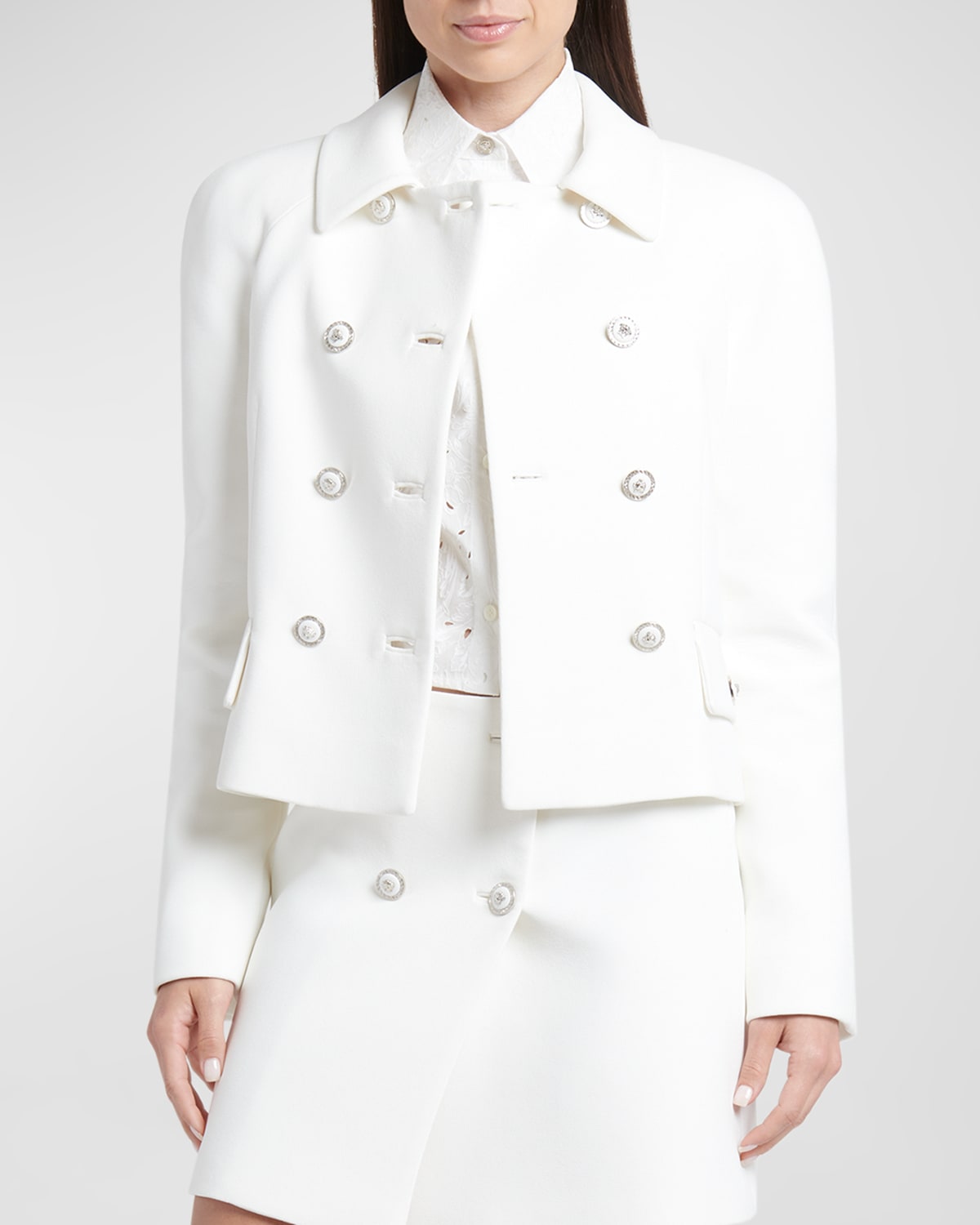 Shop Versace Medusa Double-breasted Stretch Crepe Jacket In Optical White