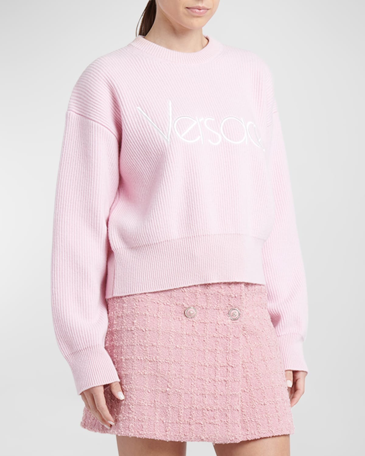 Versace 90s Logo Embroidered Rib Crewneck Jumper In Pale Pink